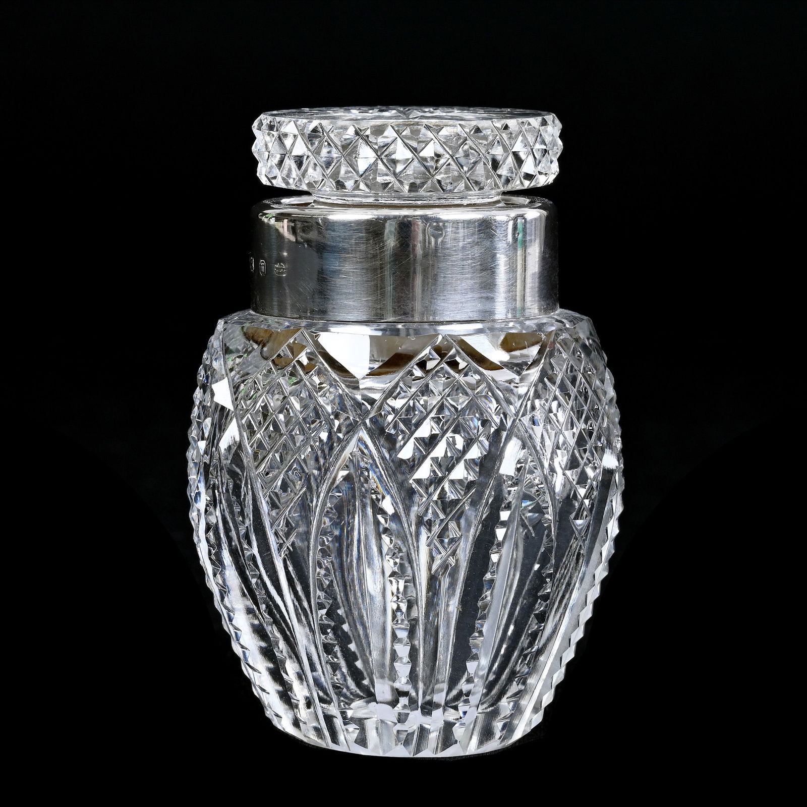 Salts Bottle, ABCG, Diamond & Split Arch Motif, Sterling Silver Rim, Pattern Cut Stopper (1 of 5)