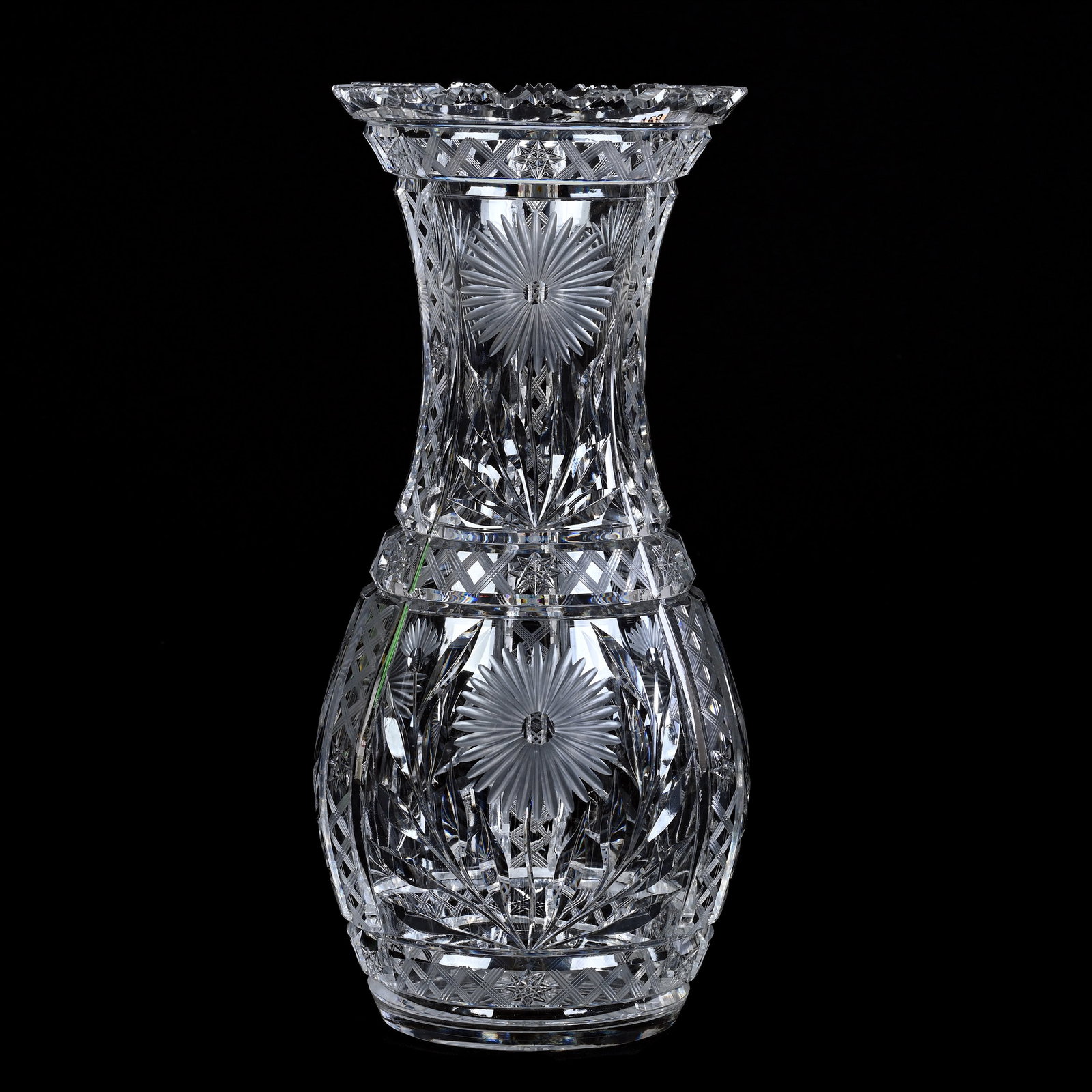 Vase, ABCG, Panels Of Engraved Floral With Crosshatch And Hobstar Highlights: Vase, American Brilliant Cut Glass, Panels Of Engraved Floral With Crosshatch And Hobstar Highlights, 13.5" x 6", Possible Re-Cut Rim, Some Rim Chips, Collection Of David Fuchshuber, Texas.