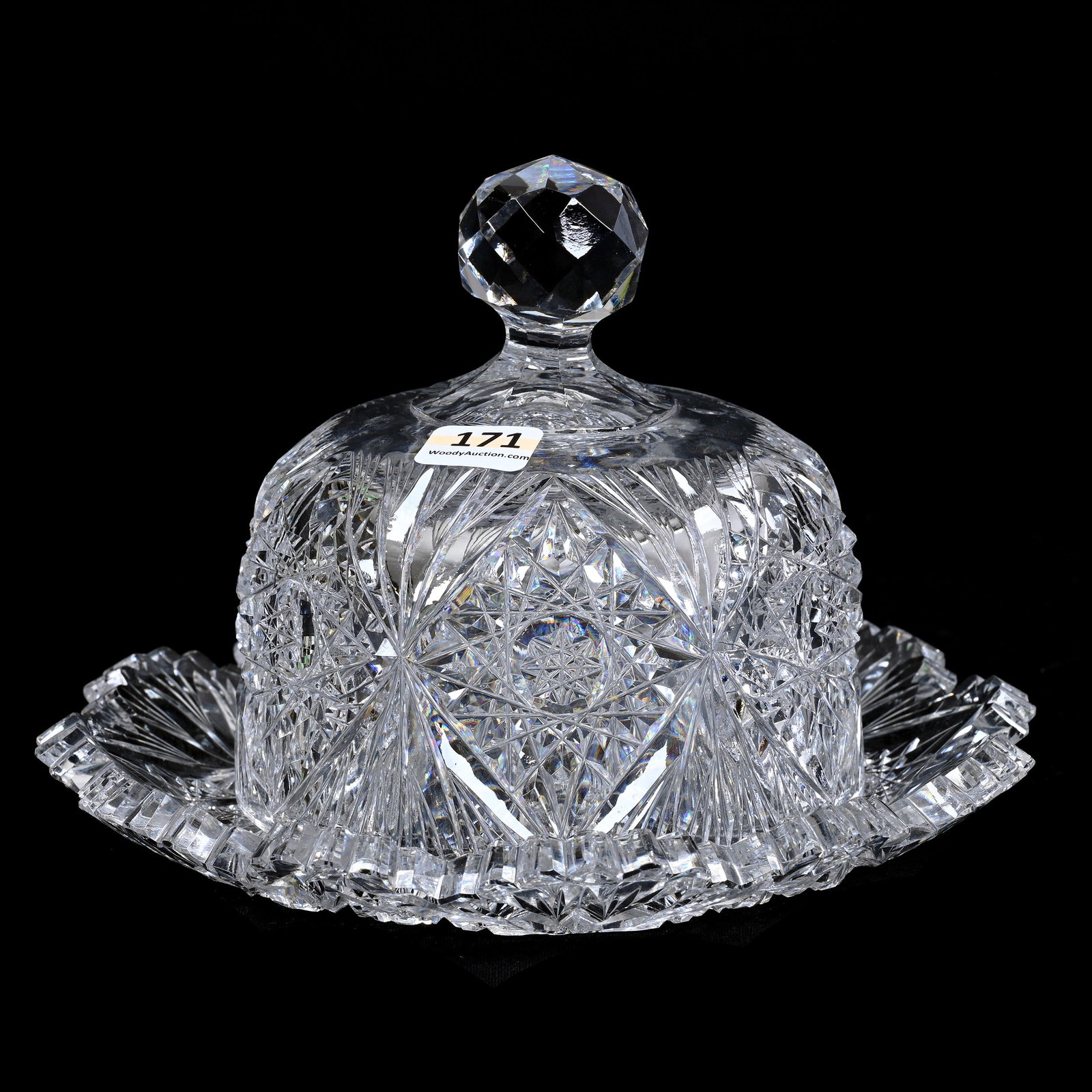 Covered Butter Dish, ABCG, Hobstar And Fan Motif: Covered Butter Dish, American Brilliant Cut Glass, Hobstar And Fan Motif, 5.25" x 8", Plate Has Two Tooth Chips, Collection Of David Fuchshuber, Texas.