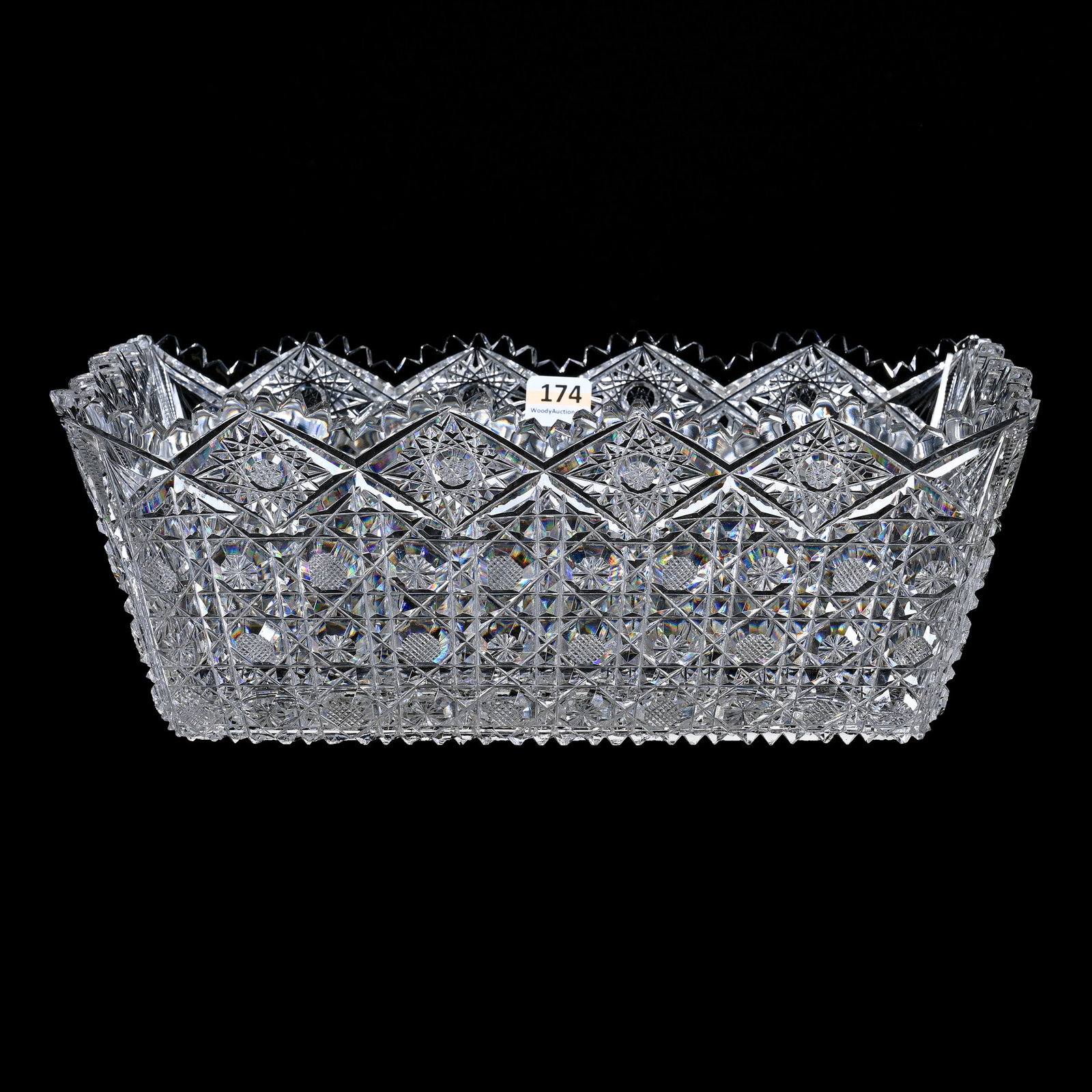 Rectangular Bowl, ABCG, Fully Cut Cane Pattern With Hobstar Border, Rare Form, Nice Example: Rectangular Bowl, American Brilliant Cut Glass, Fully Cut Cane Pattern With Hobstar Border, Rare Form, Nice Example, 4.5" x 11.75" x 8", Minor Corner Tooth Chip, Collection Of David Fuchshuber, Texas.