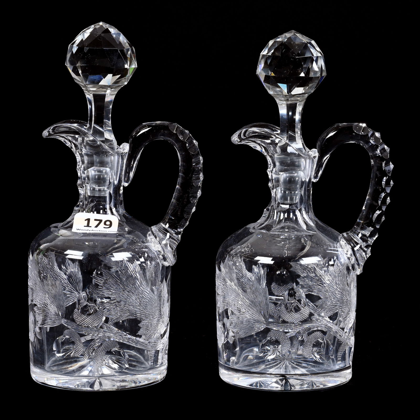 Pair Cruet Bottles, ABCG, Oak Leaf Pattern By California Cut Glass, Triple Notched Handles, Ray Base (1 of 3)