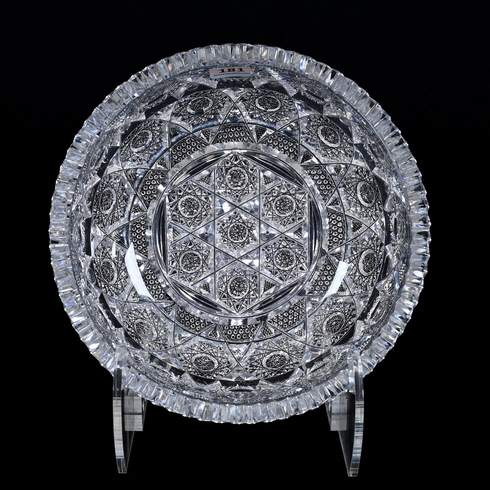 Bowl, ABCG, Hobstar With Nail Head Diamond Highlights: Bowl, American Brilliant Cut Glass, Hobstar With Nail Head Diamond Highlights, 3.25" x 8", Collection Of David Fuchshuber, Texas.