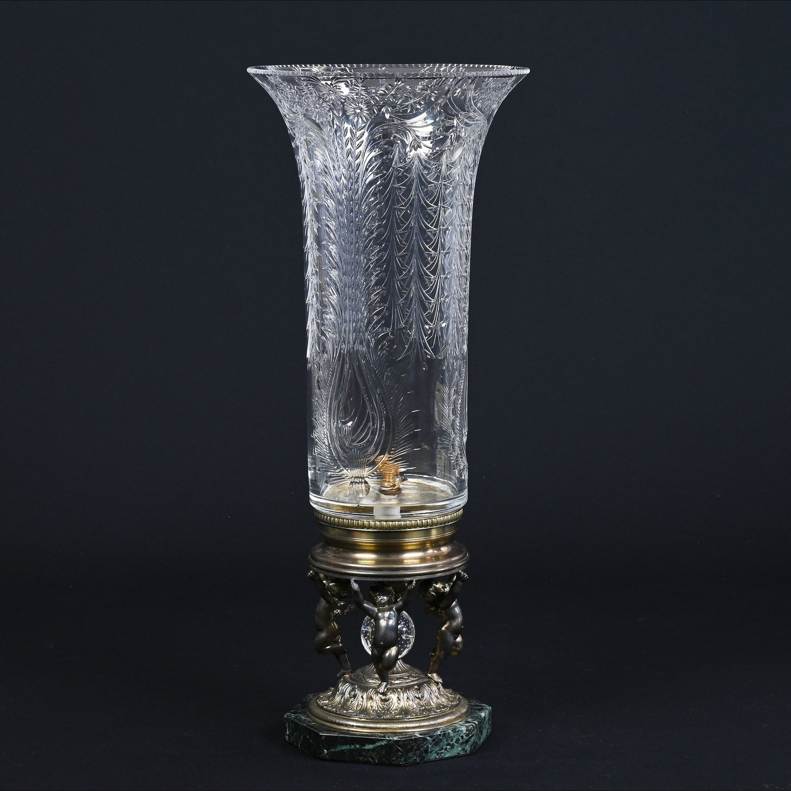 Vase, ABCG, Engraved Rococo, Floral And Feather Design: Vase, American Brilliant Cut Glass, Engraved Rococo, Floral And Feather Design, 20.75" x 8.5", Mounted On Green Marble And Gilded Silverplate Base With Figural Cherubs, #C1518, Over 11.5 lb. Total Wei
