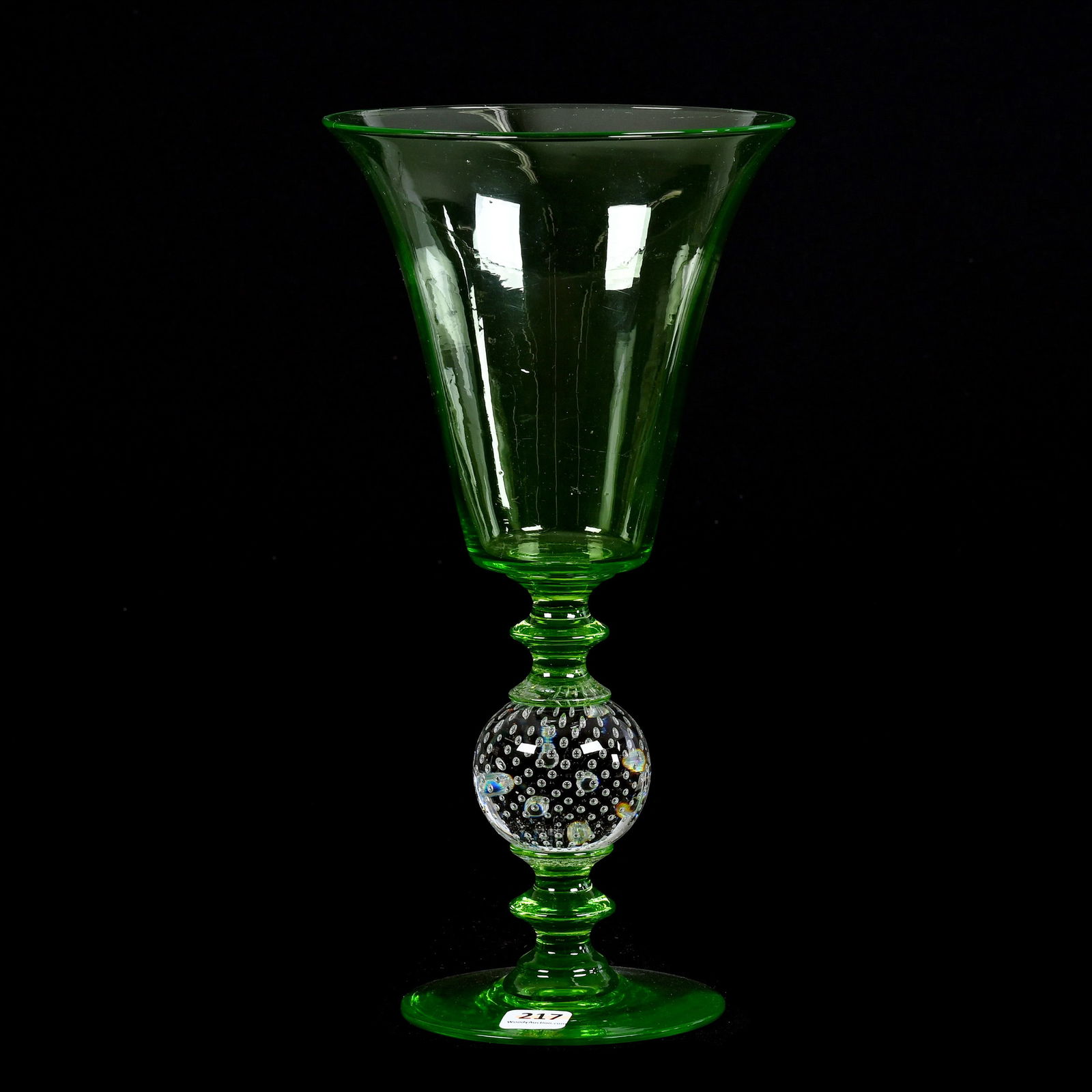 Chalice Vase, ABCG, By Pairpoint, Solid Uranium Green Body And Foot With Clear Control Bubble Stem (1 of 3)
