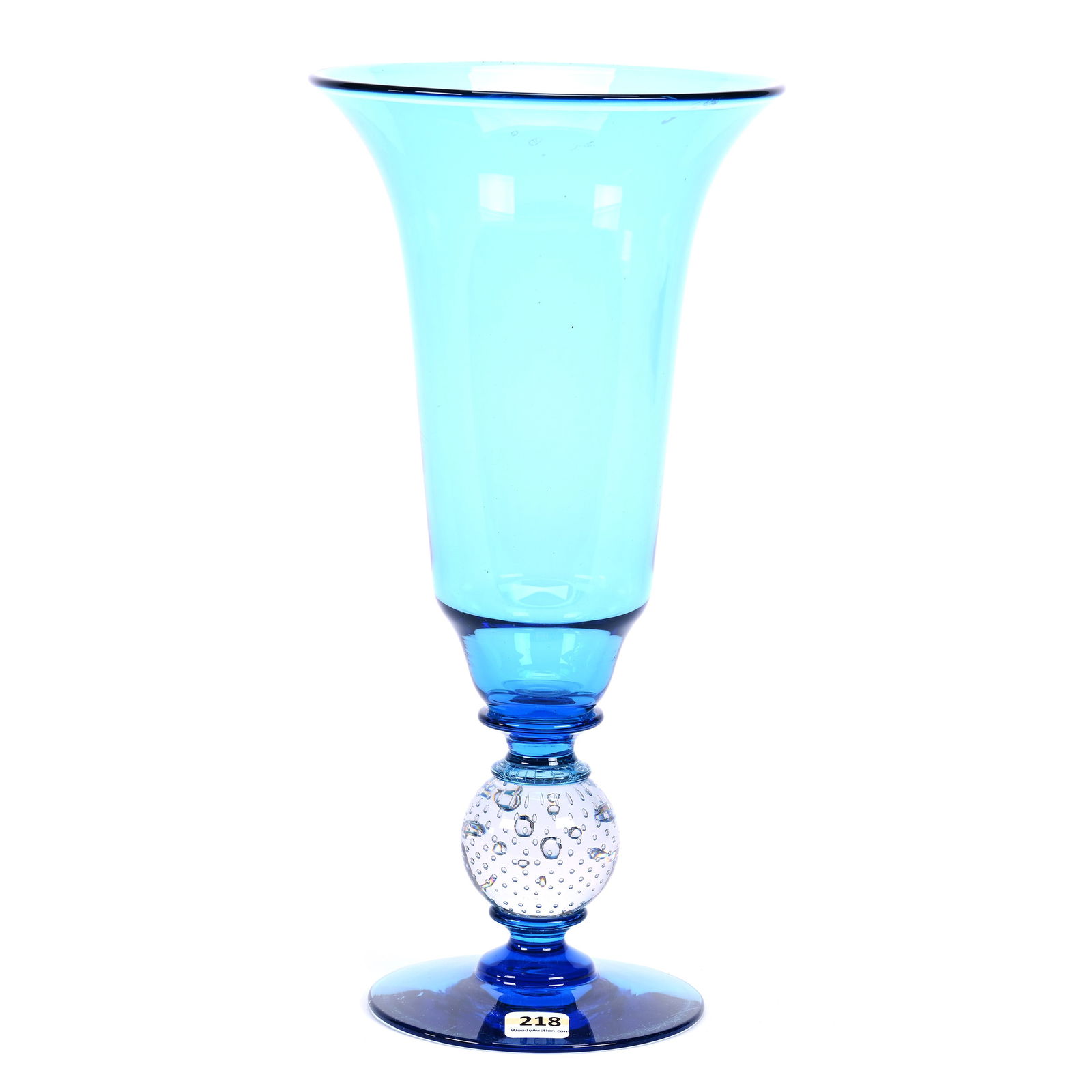 Pedestal Chalice Vase, ABCG, By Pairpoint, Solid Blue Body And Foot With Clear Control Bubble Stem (1 of 2)