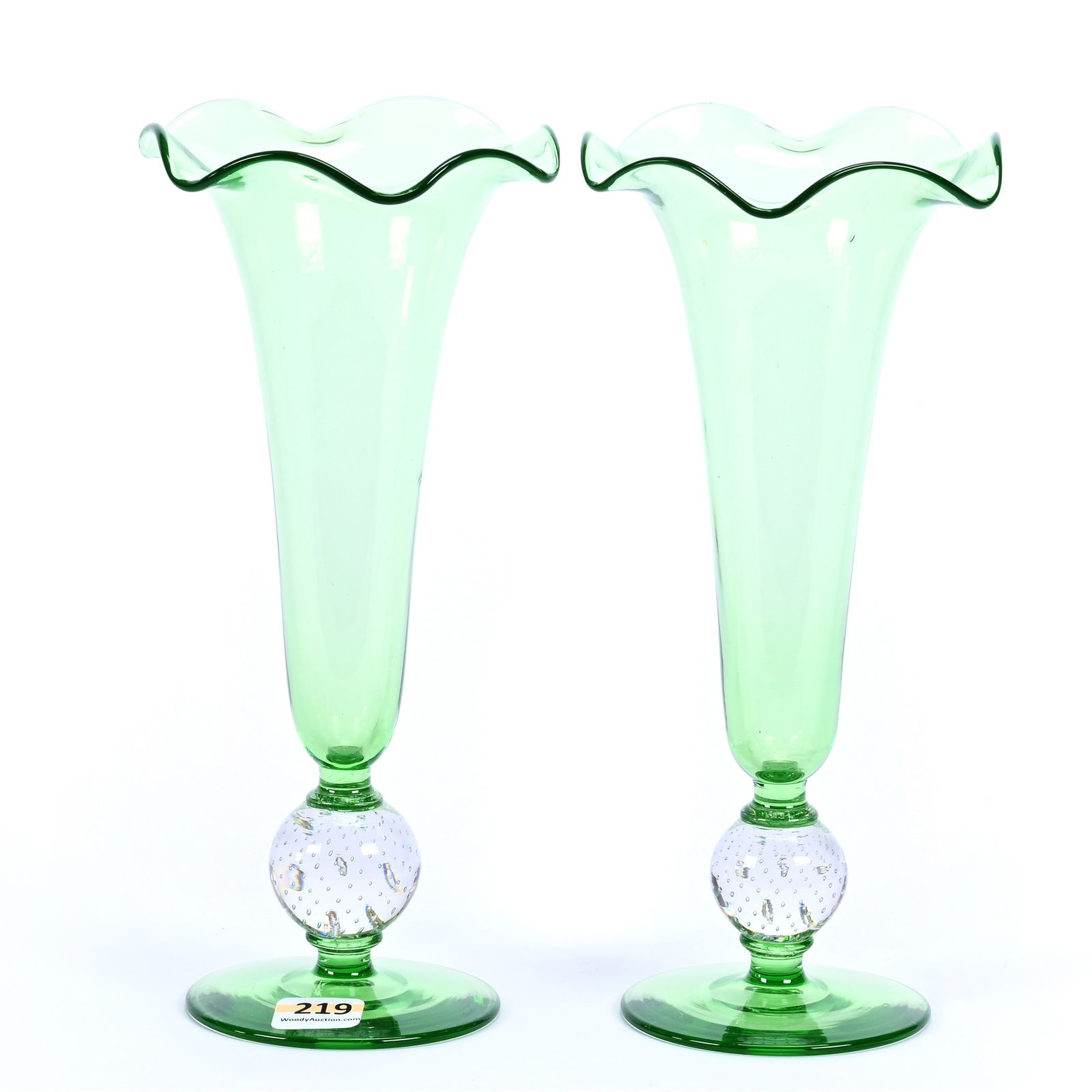 Pair Of Pedestal Vases, Solid Uranium Green Body & Foot With Clear Control Bubble Stem, Ruffled Rim (1 of 3)