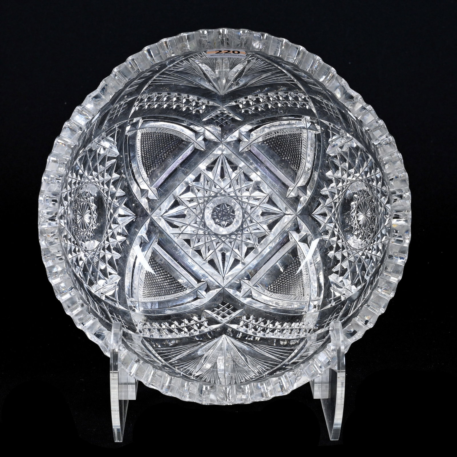 Bowl, ABCG, Four Sections Featuring Hobstar, Strawberry Diamond, Vesica, Nailhead Diamond, Fan Motif: Bowl, American Brilliant Cut Glass, Four Sections Featuring Hobstar, Strawberry Diamond, Vesica, Nailhead Diamond, Fan Motif, 4" x 8.25", Tooth Chip And Pattern Chip, Collection Of David Fuchshuber, T