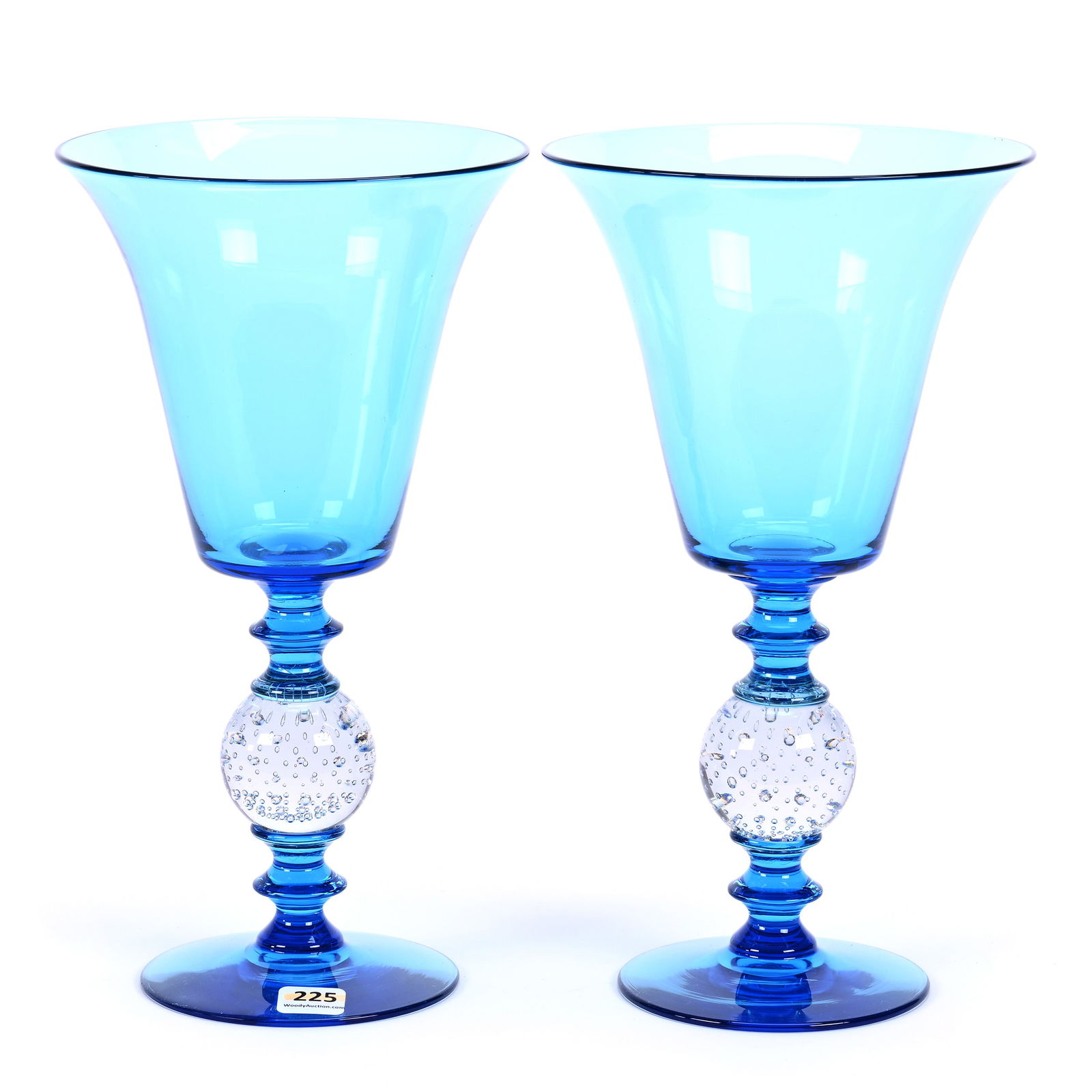 Pair Of Pedestal Chalice Vases, ABCG, Solid Blue Body And Foot With Clear Control Bubble Stem (1 of 2)