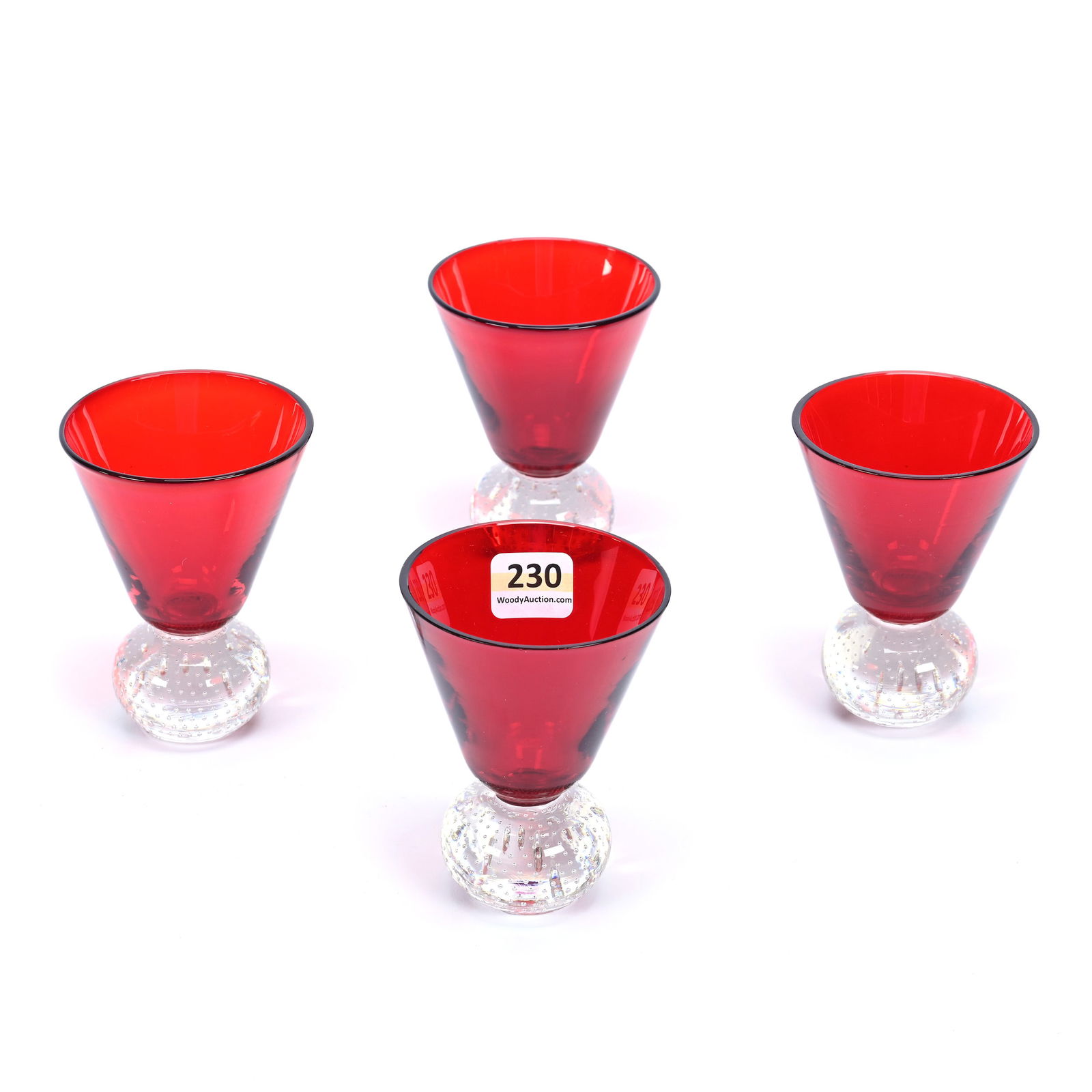 (4) Whiskey Tumblers By Pairpoint, Ruby Red Bowl With Clear Control Bubble Foot (1 of 2)