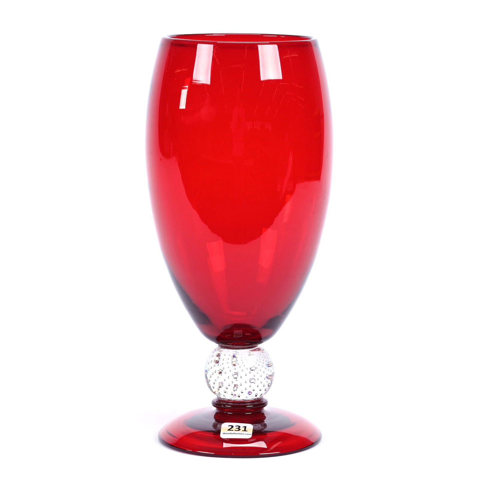 Pedestal Vase, ABCG By Pairpoint, Solid Ruby Red Body And Foot With Clear Control Bubble Stem (1 of 2)
