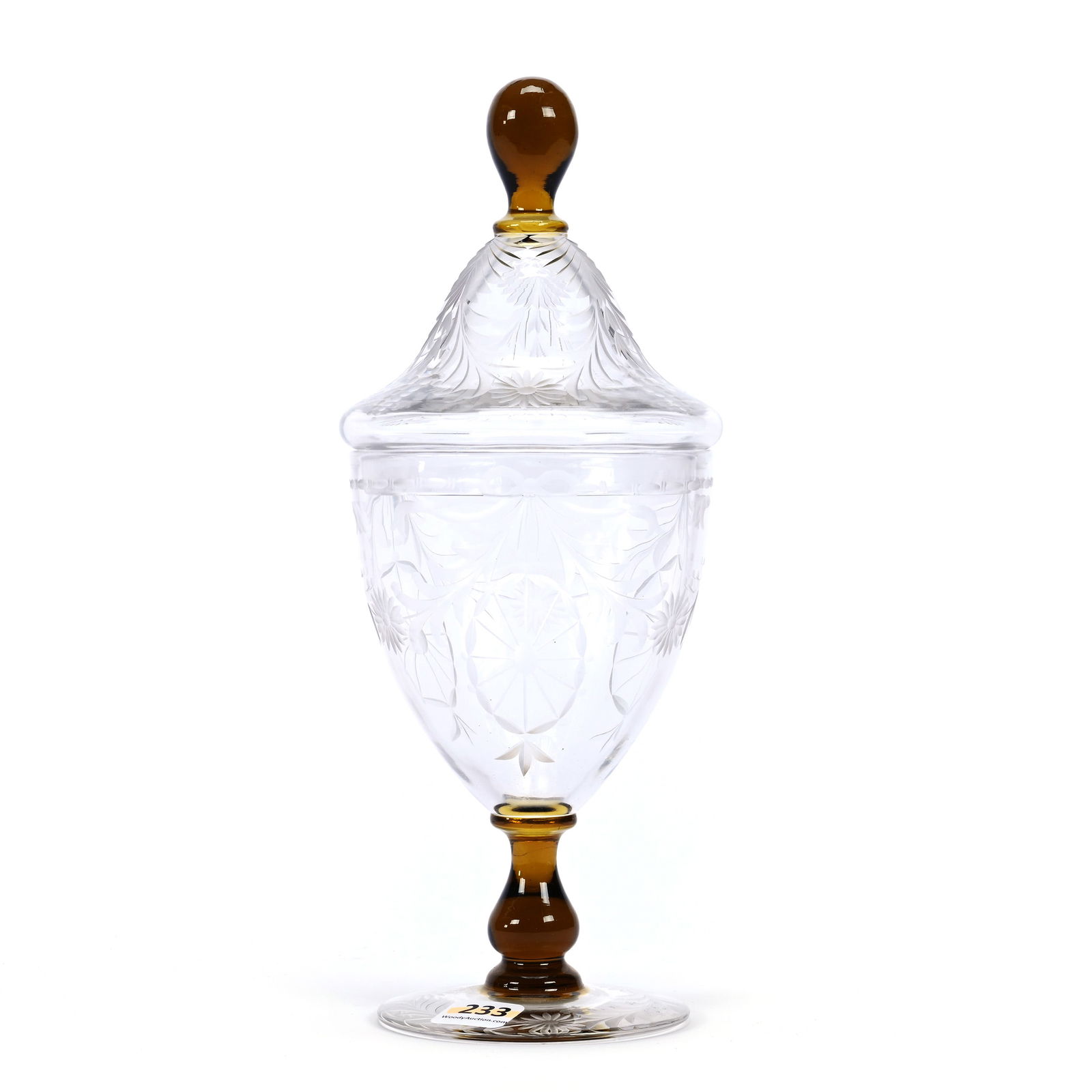 Pedestal Covered Jar, ABCG, Waterford Pattern By Pairpoint, Solid Amber Finial And Stem (1 of 4)