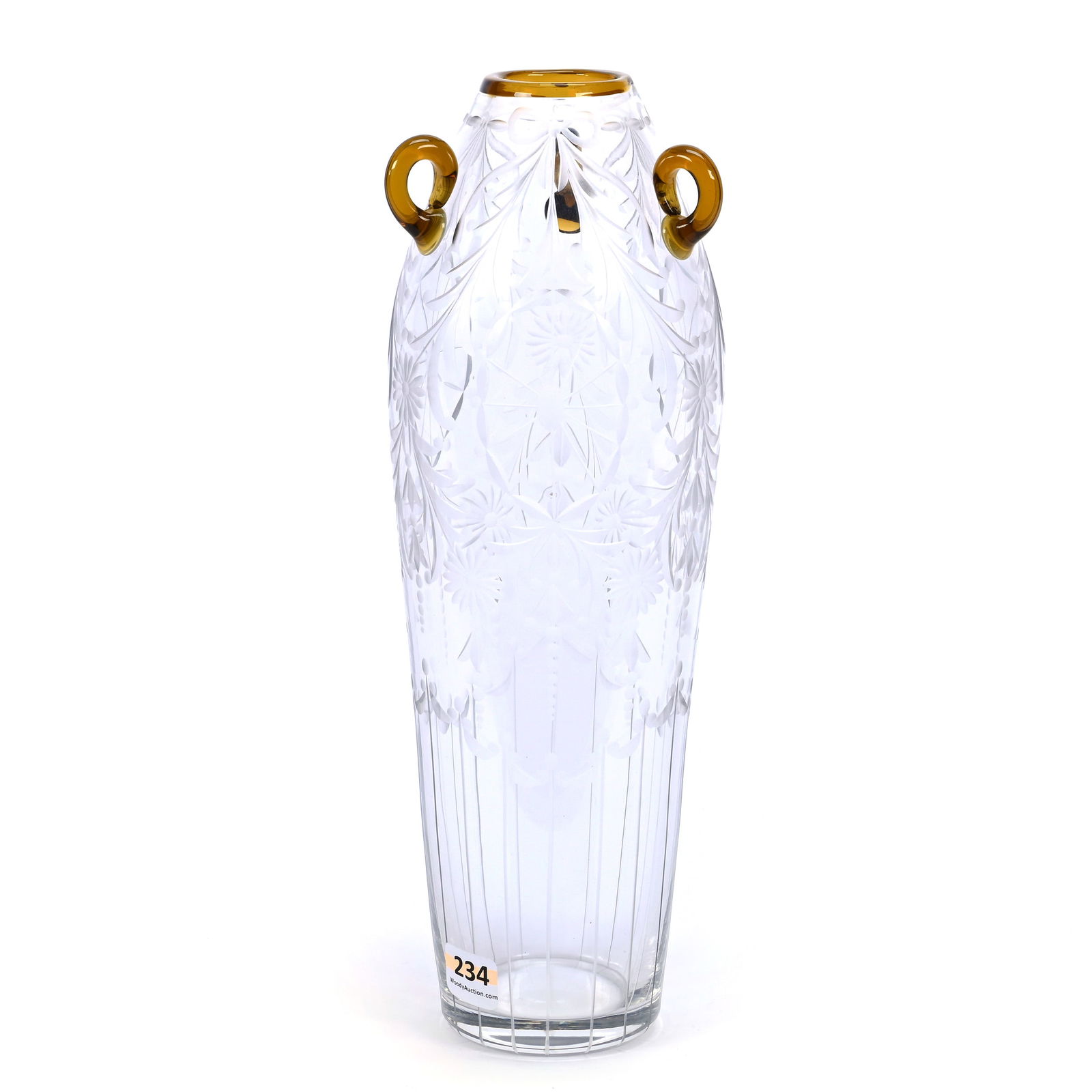 Three Handled Vase, ABCG, Waterford Pattern By Pairpoint, Applied Amber Handles And Rim (1 of 3)