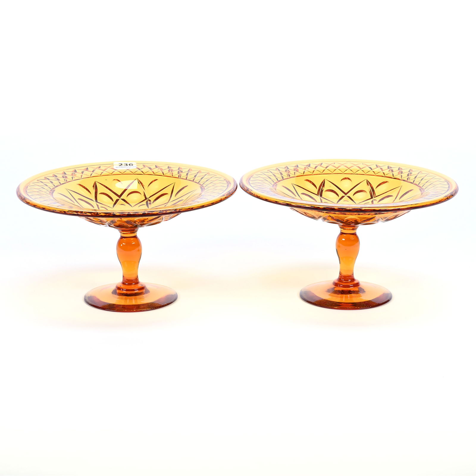 Pair Of Compotes, ABCG, Adelaide Pattern By Pairpoint, Solid Golden Amber Body, Stem, And Foot (1 of 2)
