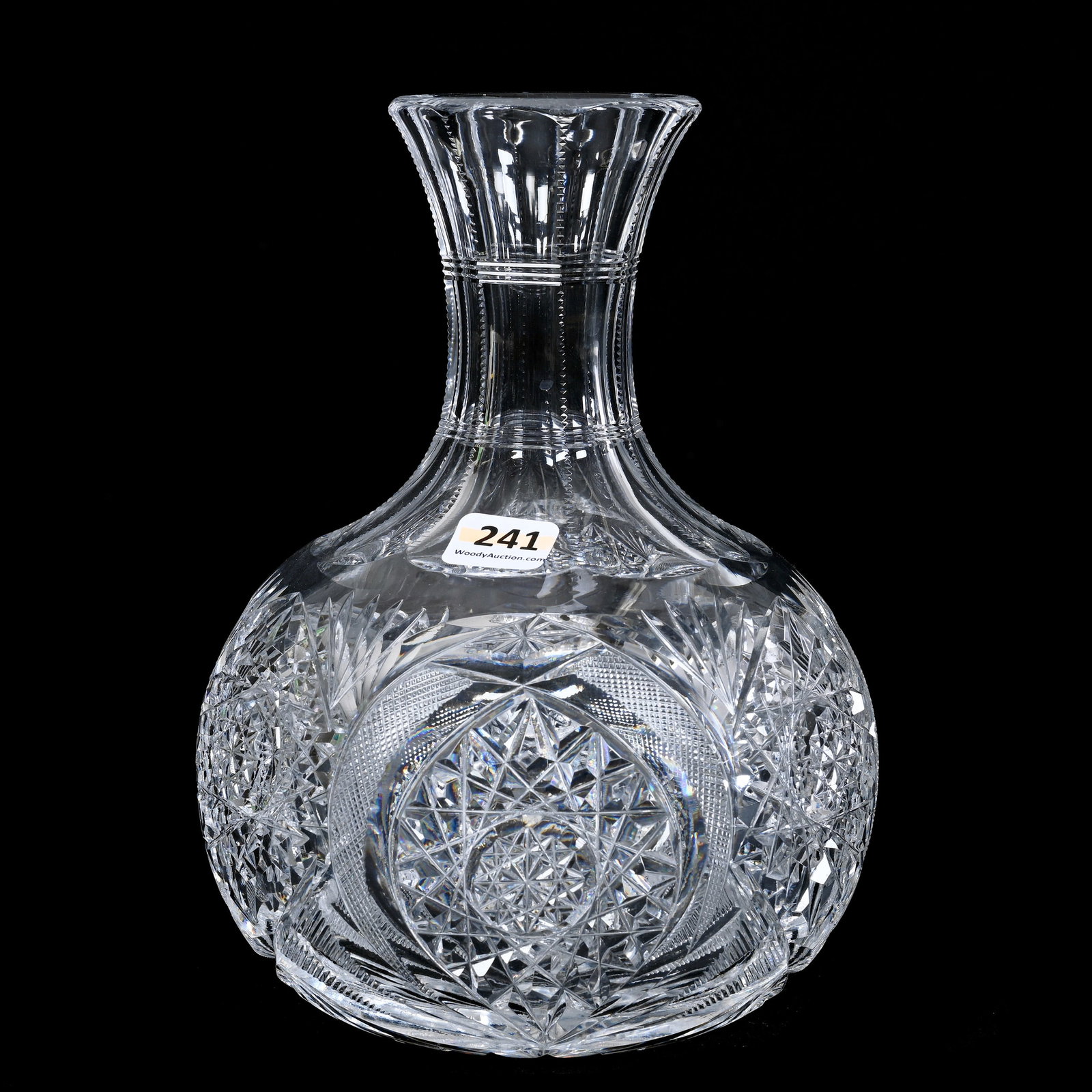 Water Carafe, ABCG, Hobstar, Vesica, Strawberry Diamond, And Fan Motif, Ray Cut Base: Water Carafe, American Brilliant Cut Glass, Hobstar, Vesica, Strawberry Diamond, And Fan Motif, Ray Cut Base, 8" X 6", Collection Of David Fuchshuber, Texas.