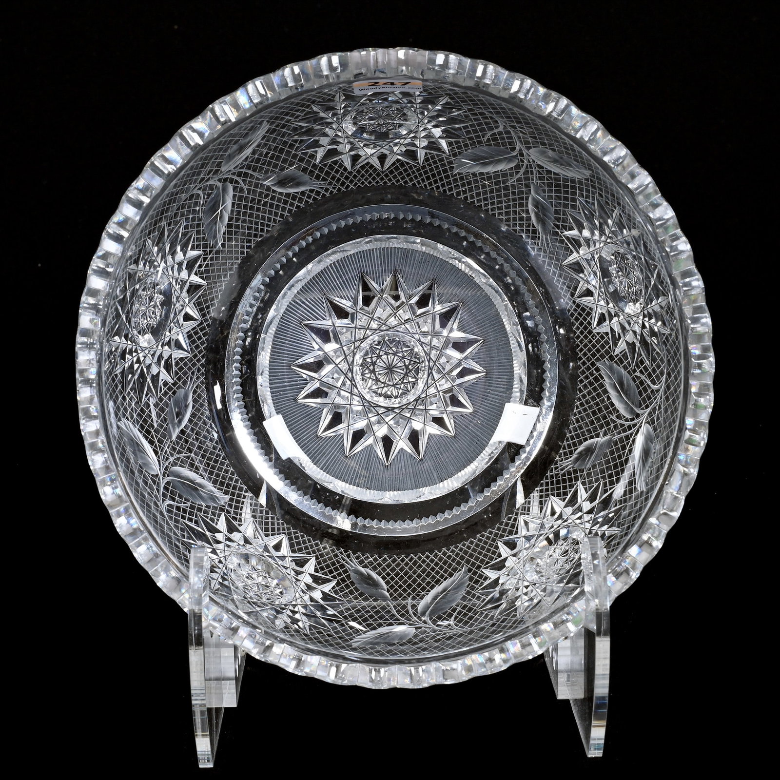 Bowl, ABCG, 6 Large Hobstars With Engraved Lattice And Leaf Highlights, Clear Blank: Bowl, American Brilliant Cut Glass, 6 Large Hobstars With Engraved Lattice And Leaf Highlights, Clear Blank, 4" x 8", Serious Tooth Polish, Collection Of David Fuchshuber, Texas.