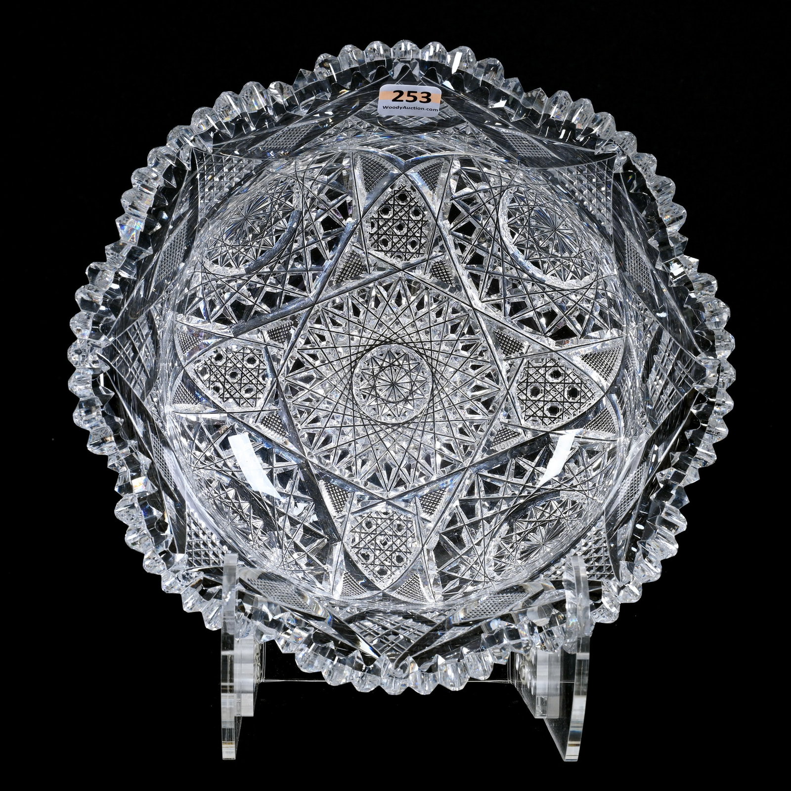 Bowl, ABCG, Hobstar, Cane, Strawberry Diamond, Nailhead Diamond, And Crosshatch Motif: Bowl, American Brilliant Cut Glass, Hobstar, Cane, Strawberry Diamond, Nailhead Diamond, And Crosshatch Motif, 4.25" x 9.25", Tooth Chip, Collection Of David Fuchshuber, Texas.