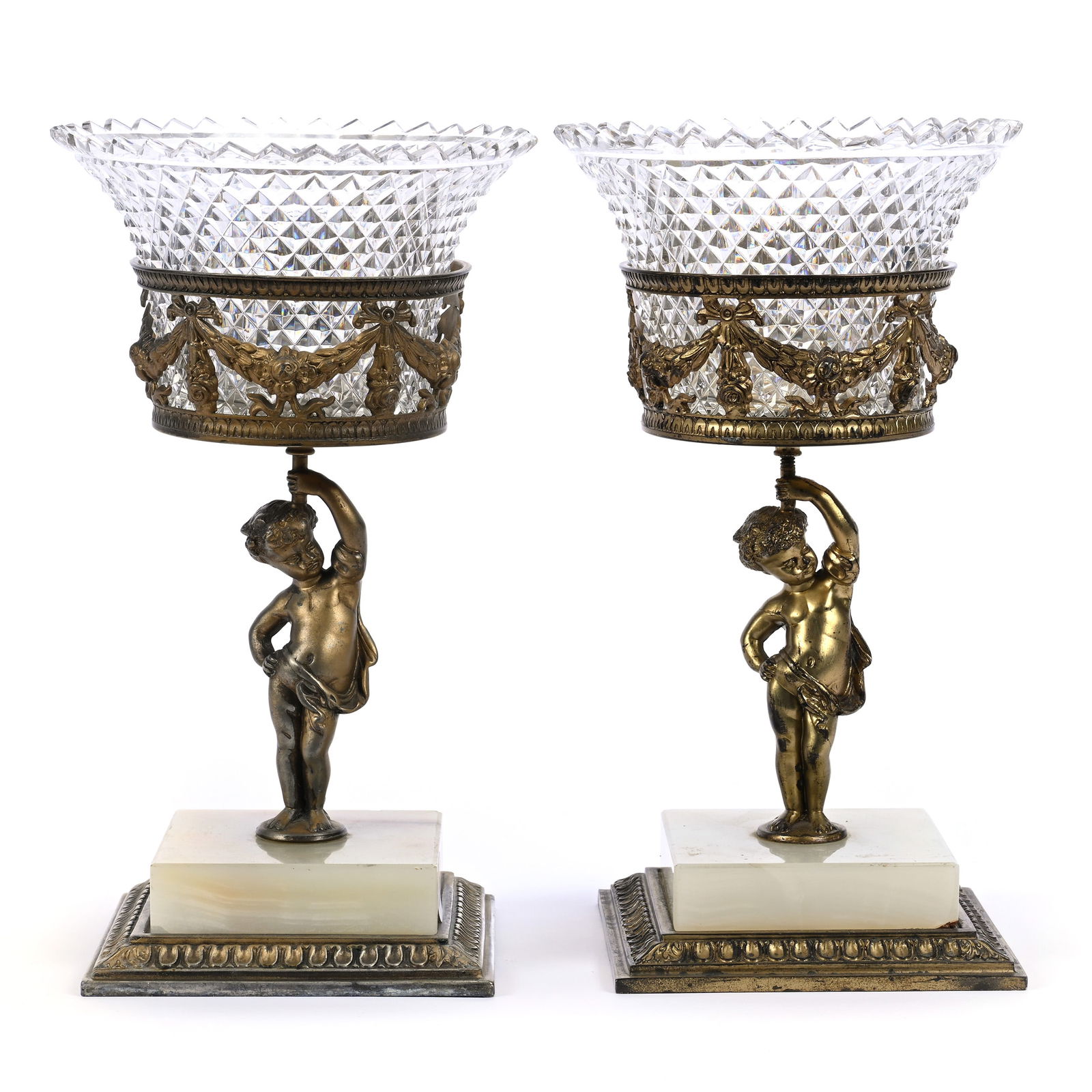 Pair Of Compotes, ABCG, Block Diamond Pattern By Pairpoint: Pair Of Compotes, American Brilliant Cut Glass, Block Diamond Pattern By Pairpoint, 9.5" x 5.5", Gilded Silverplate And Onyx Figural Bases, Marked Pairpoint #C1413, One Insert Has An Outside Rim Chip,
