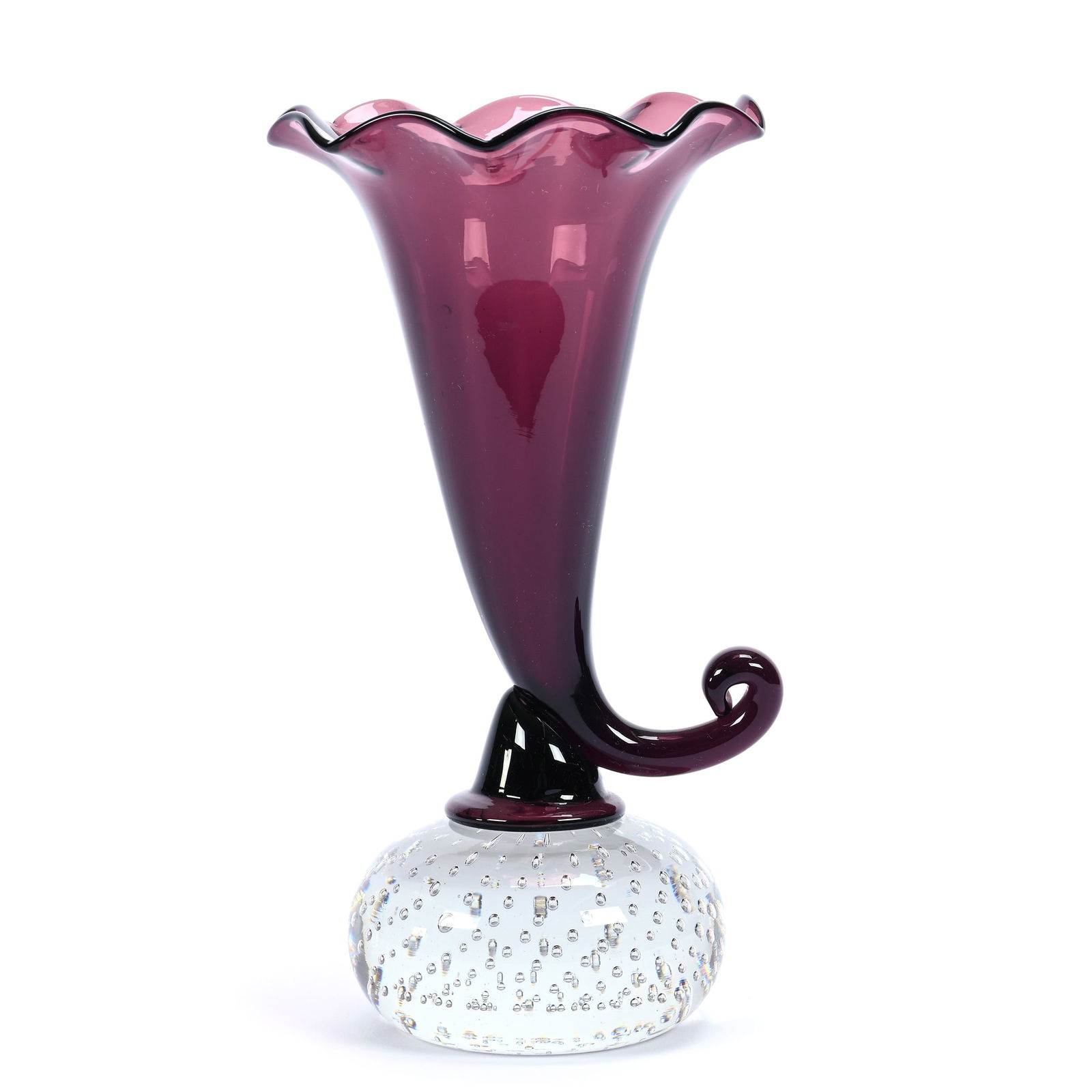 Cornucopia Vase, ABCG, By Pairpoint, Solid Amethyst Body With Ruffled Rim, Clear Control Bubble Base (1 of 2)