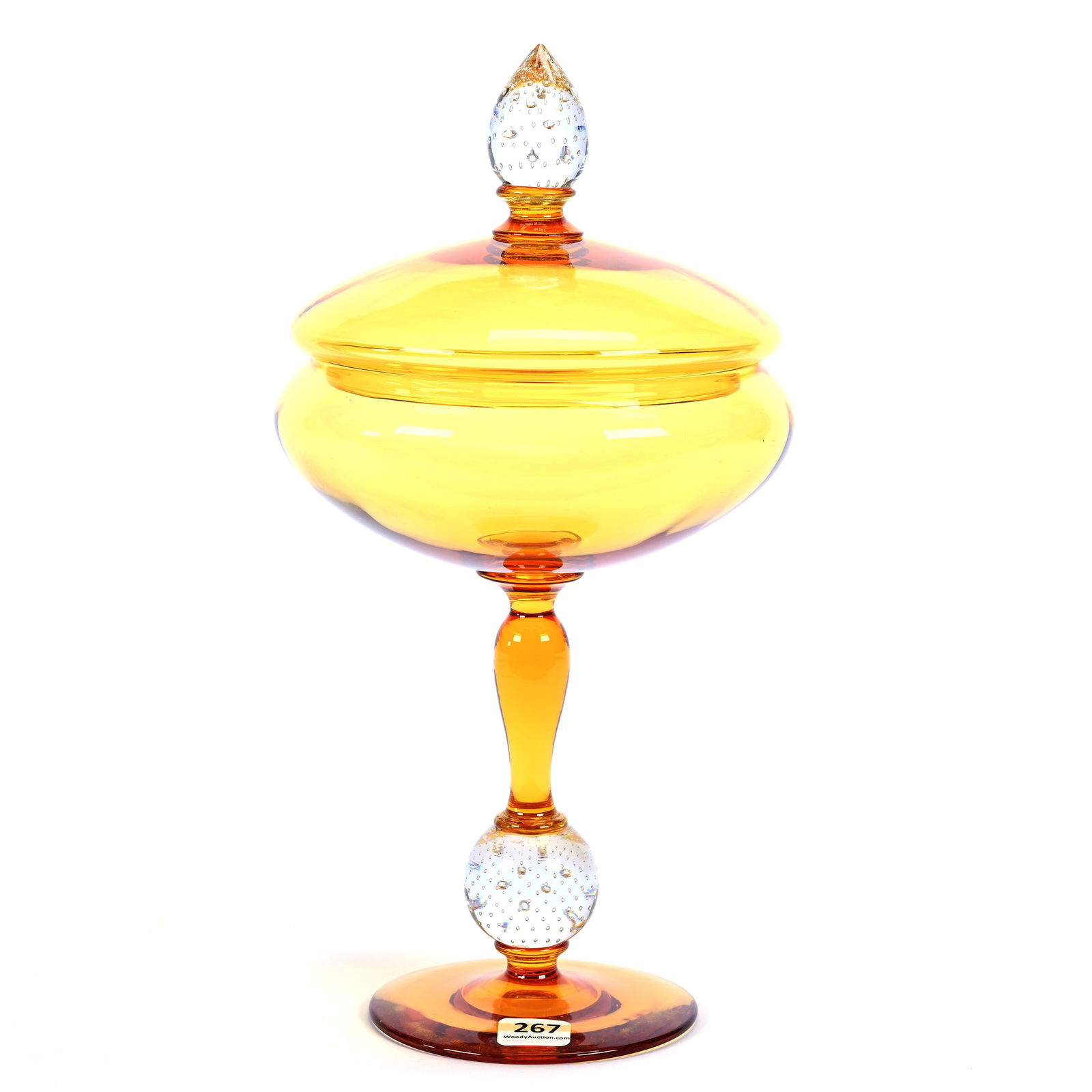 Covered Compote, ABCG, Solid Amber Body And Foot, Clear Control Bubble Stem And Finial (1 of 3)