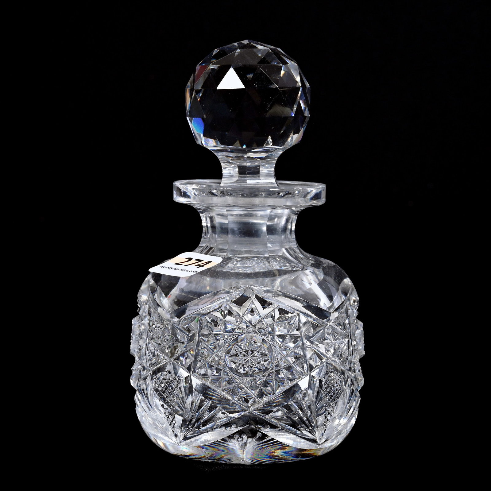 Cologne Bottle, ABCG, Hobstar, Strawberry Diamond, Star, And Fan Motif: Cologne Bottle, American Brilliant Cut Glass, Hobstar, Strawberry Diamond, Star, And Fan Motif, 5.5" x 3", Ray Cut Base, Collection Of David Fuchshuber, Texas.