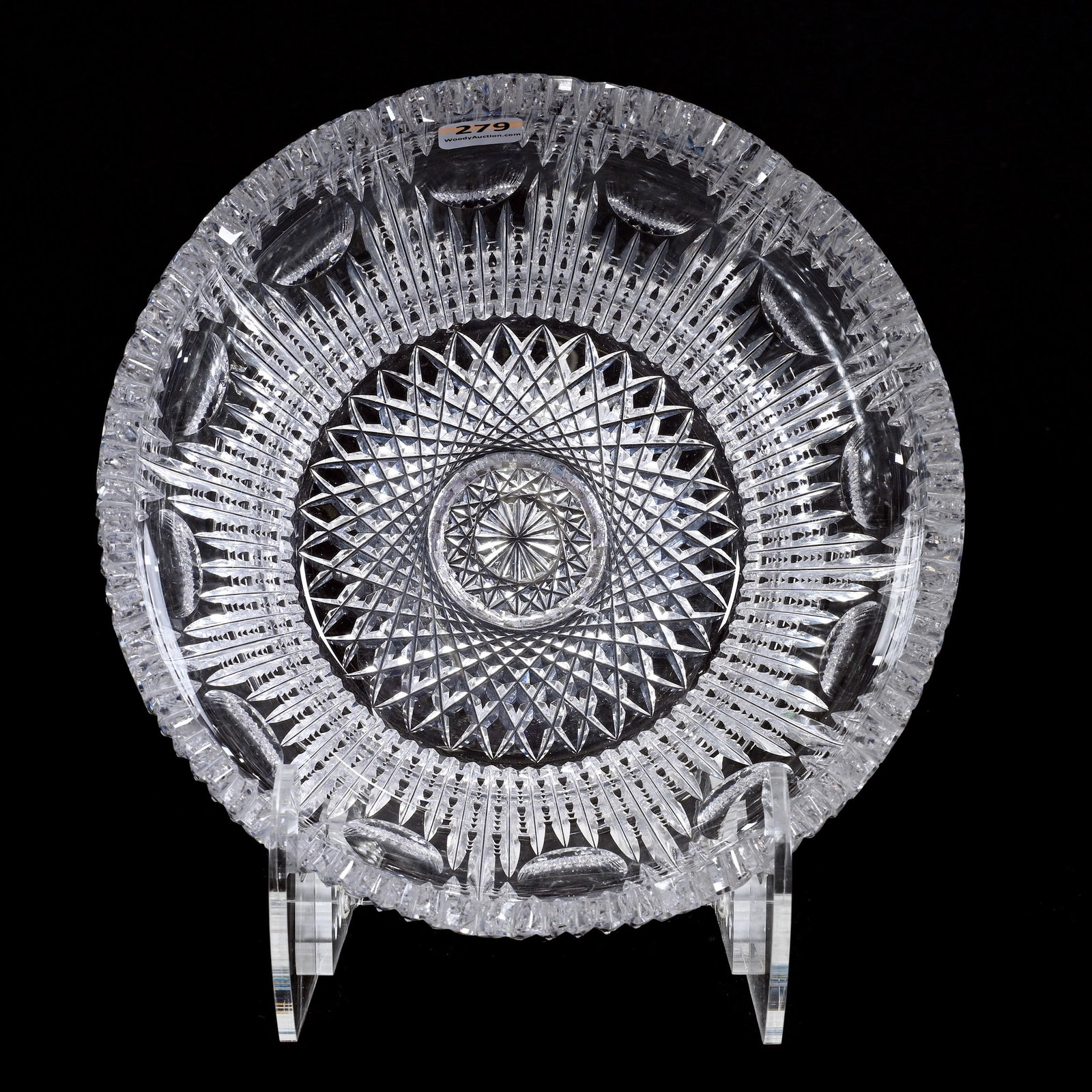 Bowl, ABCG, Prism And Bullseye Motif W/ Large Hobstar Center: Bowl, American Brilliant Cut Glass, Prism And Bullseye Motif With Large Hobstar Center, 3.75" x 8.75", Clear Blank, Tooth Nick, Collection Of David Fuchshuber, Texas.