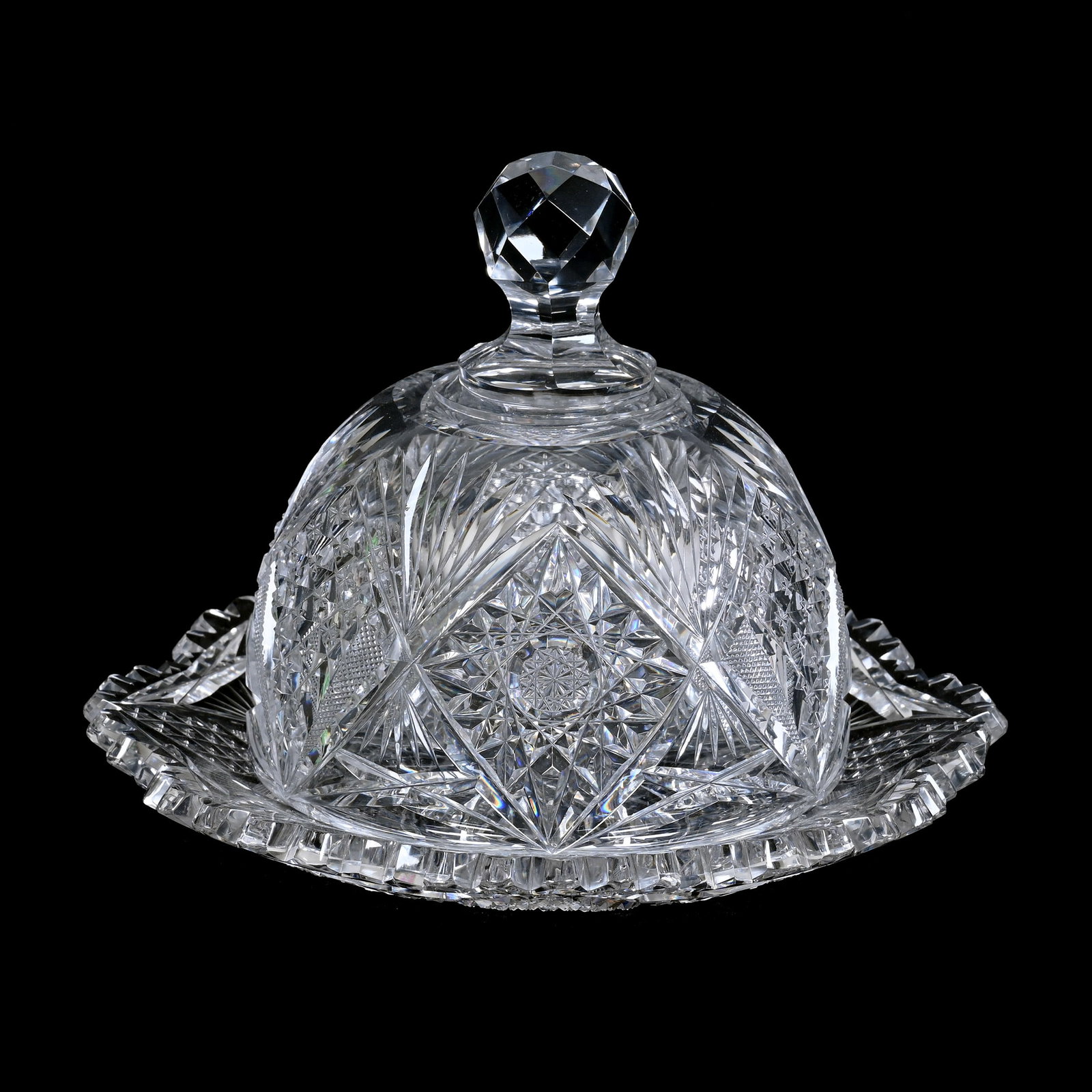 Covered Butterdish, ABCG, Hobstar, Strawberry Diamond, Star Diamond & Fan Motif: Covered Butter Dish, American Brilliant Cut Glass, Hobstar, Strawberry Diamond, Star Diamond and Fan Motif, 6" x 8", Tooth Chip On Underplate, Collection Of David Fuchshuber, Texas.