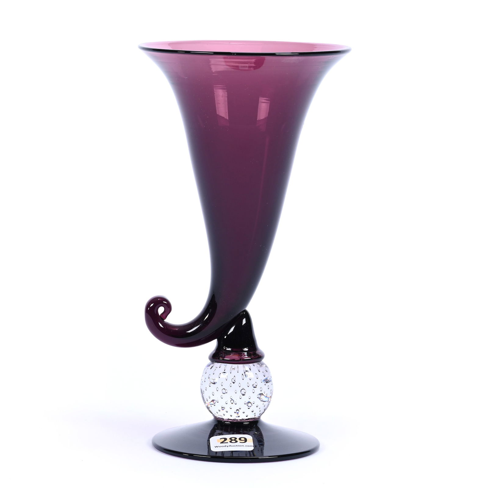 Pedestal Cornucopia Vase, ABCG, Solid Amethyst Body & Foot, Clear Control Bubble Stem (1 of 2)