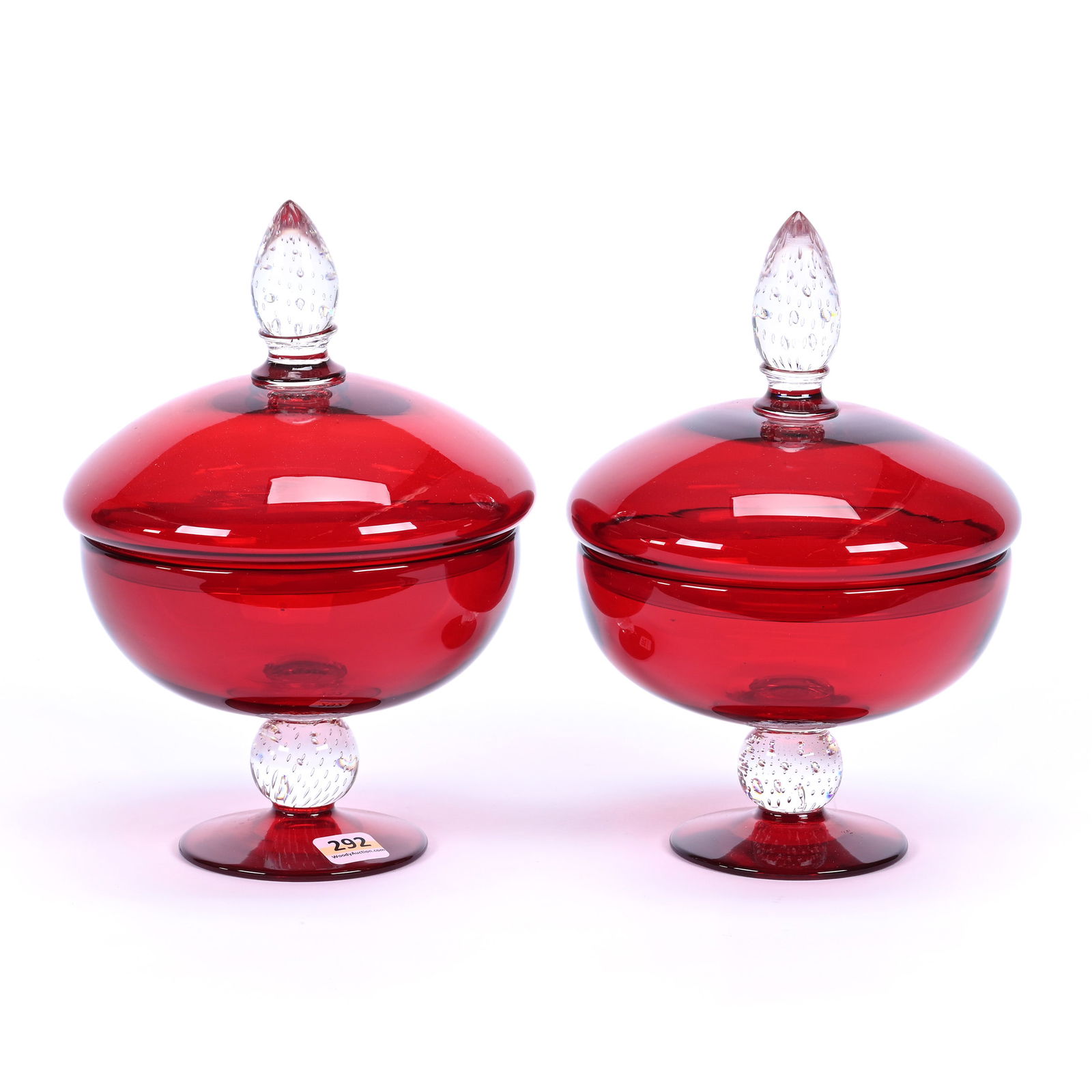 Pair Pedestal Covered Compotes, ABCG, Solid Ruby Body, Lid & Foot By Pairpoint (1 of 3)