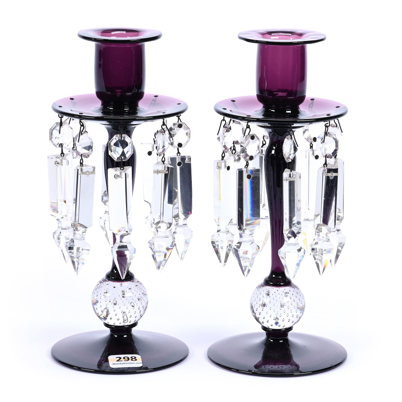 Pair Candle Lusters, ABCG, Solid Amethyst Body & Foot By Pairpoint, Clear Control Bubble Stem (1 of 2)