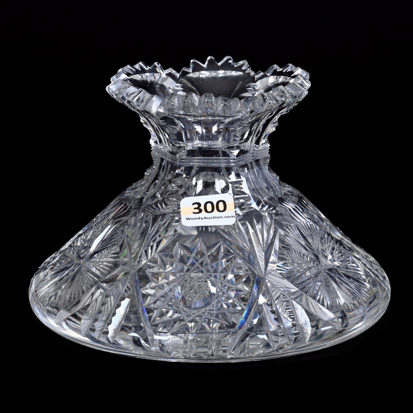 Flower Center, ABCG, Hobstar, Prism, Star And Fan Motif: Flower Center, American Brilliant Cut Glass, Hobstar, Prism, Star And Fan Motif, 4.25" x 6", Small Miter Chip On Base, Tooth Chip, Collection Of David Fuchshuber, Texas.