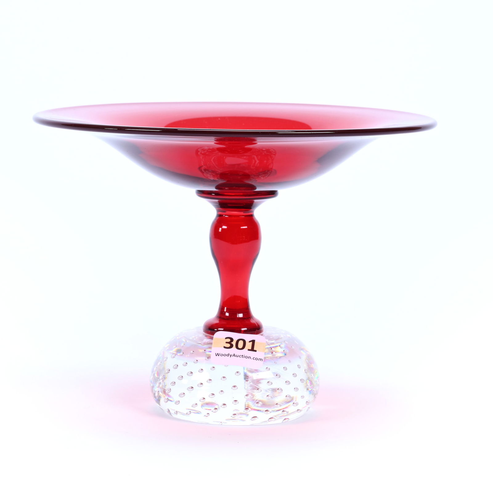 Compote, ABCG, Solid Ruby Body & Stem By Pairpoint, Clear Control Bubble Foot (1 of 2)
