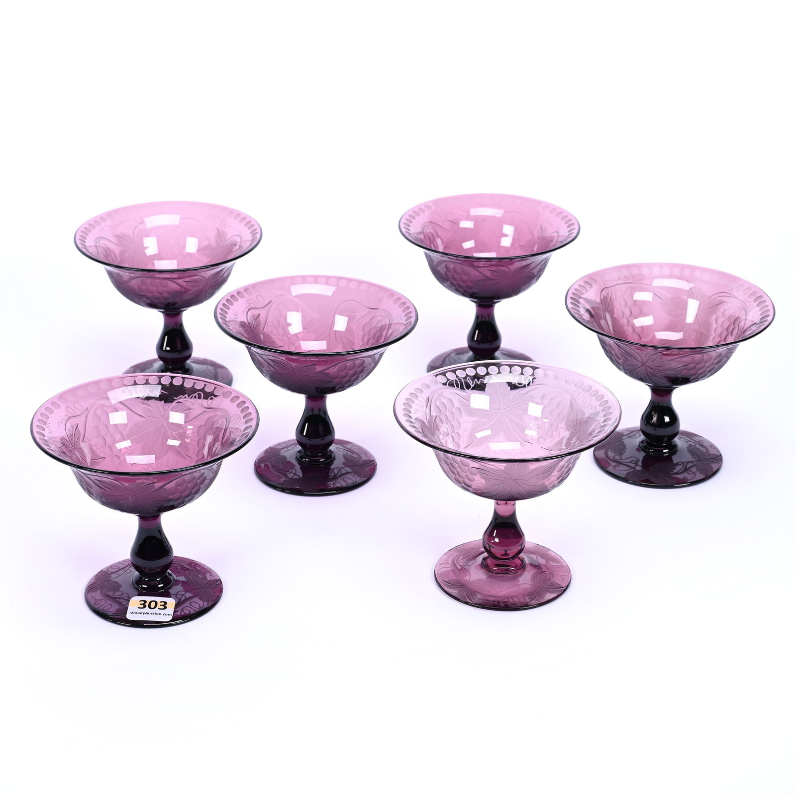 (6) Sherbets, ABCG, Vintage Pattern By Pairpoint, Solid Amethyst , Pattern Engraved Foot (1 of 3)