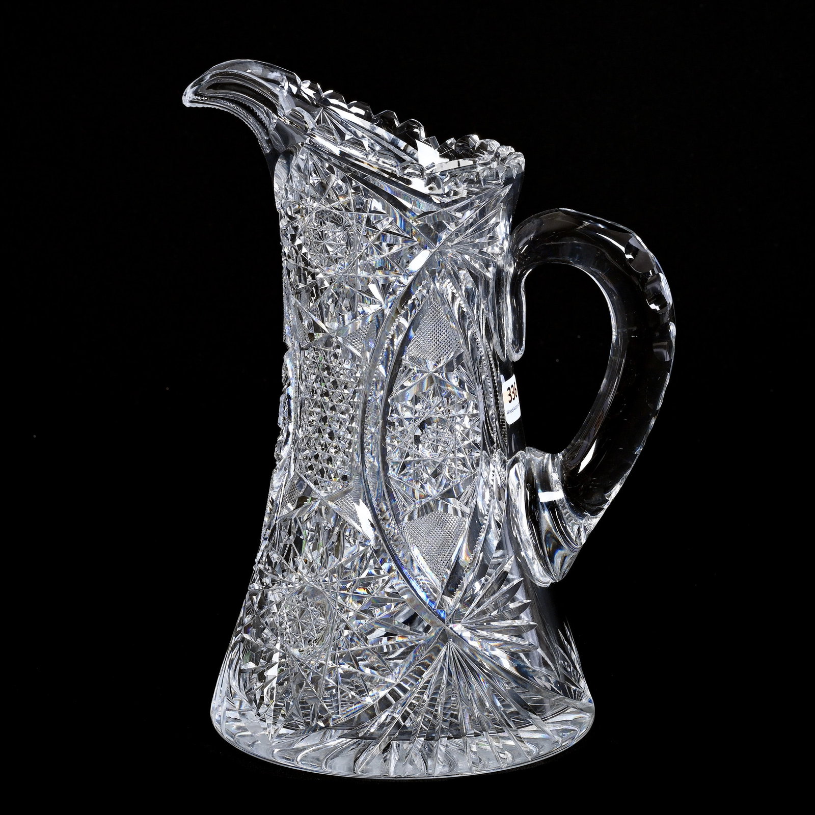 Pitcher, ABCG, Hobstar, Vesica, Strawberry Diamond, Nailhead Diamond, Prism & Fan Motif: Pitcher, American Brilliant Cut Glass, Hobstar, Vesica, Strawberry Diamond, Nailhead Diamond, Prism and Fan Motif, 11" x 8", Double Notched Handle, Ray Cut Base, Collection Of David Fuchshuber, Texas.