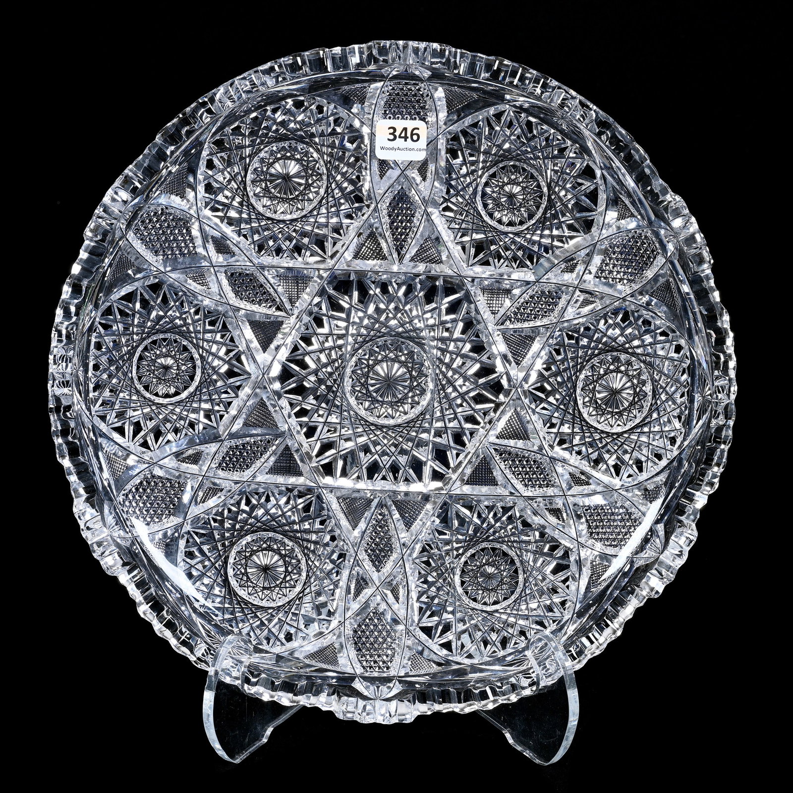 Round Tray, ABCG, Hobstar, Vesica, Nailhead Diamond & Strawberry Diamond Motif: Round Tray, American Brilliant Cut Glass, Hobstar, Vesica, Nailhead Diamond and Strawberry Diamond Motif, 11.75", Collection Of David Fuchshuber, Texas.