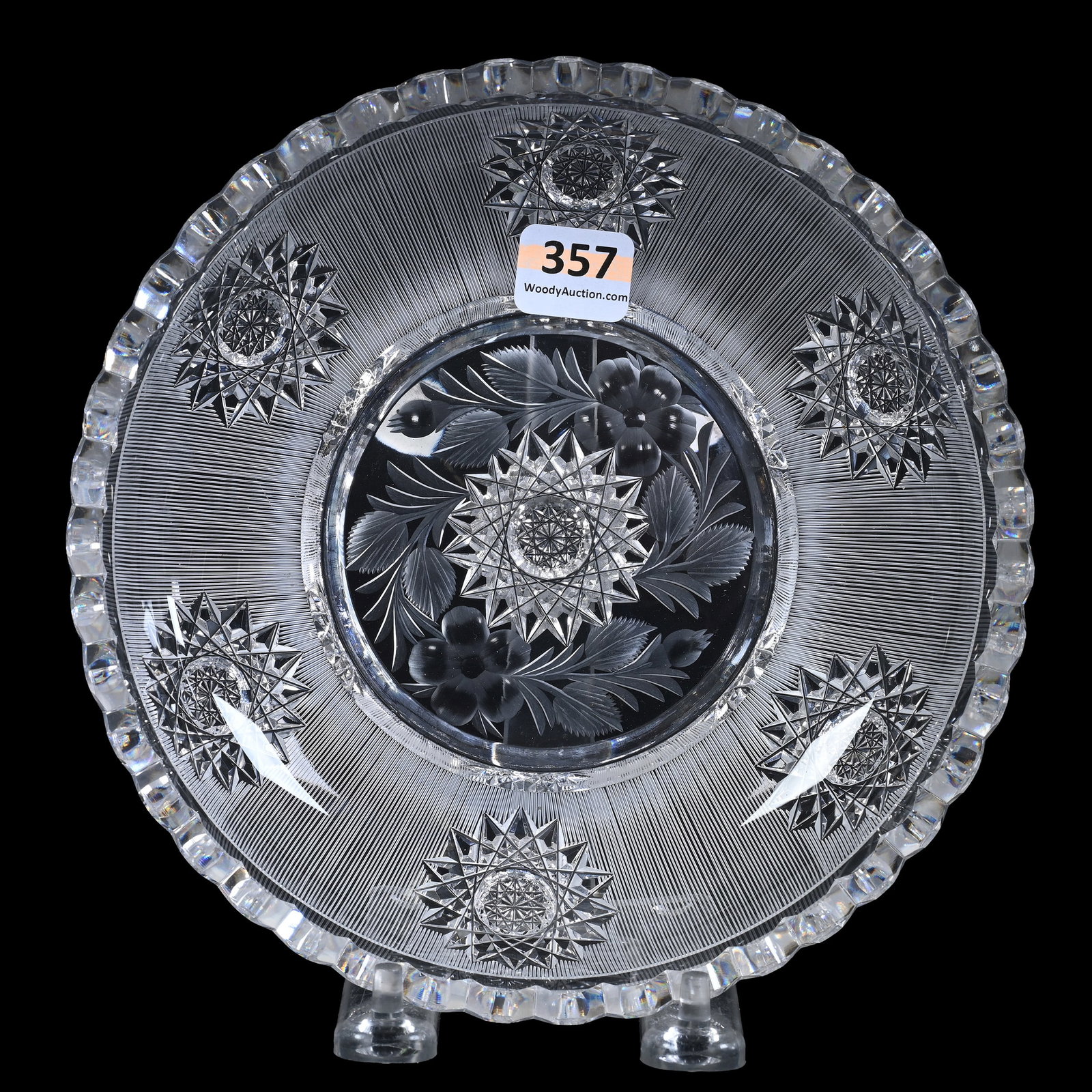 Low Bowl, ABCG, Seven Hobstars With Silver Thread & Engraved Floral Highlights: Low Bowl, American Brilliant Cut Glass, Seven Hobstars With Silver Thread and Engraved Floral Highlights, 1.75" x 7", Clear Blank, Collection Of David Fuchshuber, Texas.