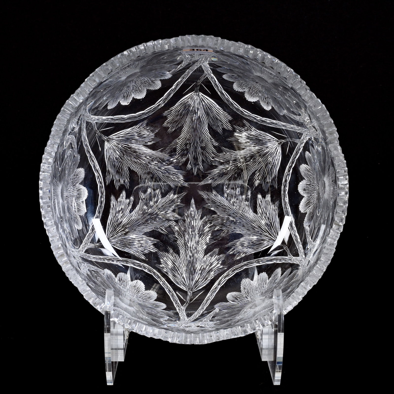 Bowl, ABCG, Marguerite Pattern, Engraved Oak Leaf Circled Branch And Blossom Design: Bowl, Marguerite Pattern As Shown On Pg. 137 Of California Cut Glass By Kemper, American Brilliant Cut Glass, Engraved Oak Leaf Circled Branch And Blossom Design, 3.75" x 9", One Tooth Chip, Collectio