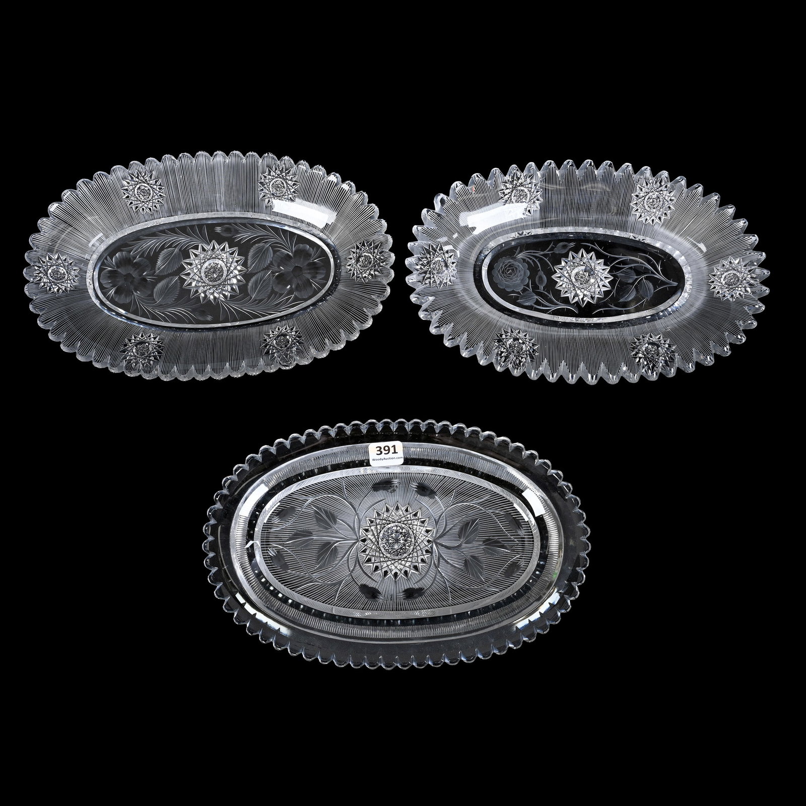 (3) Oval Trays, ABCG: (3) Oval Trays, American Brilliant Cut Glass, 9.75" x 6.25", Hobstar With Silver Thread and Various Engraved Floral Designs, One Tray Has Outside Rim Tooth Chip, Collection Of David Fuchshuber, Texas.