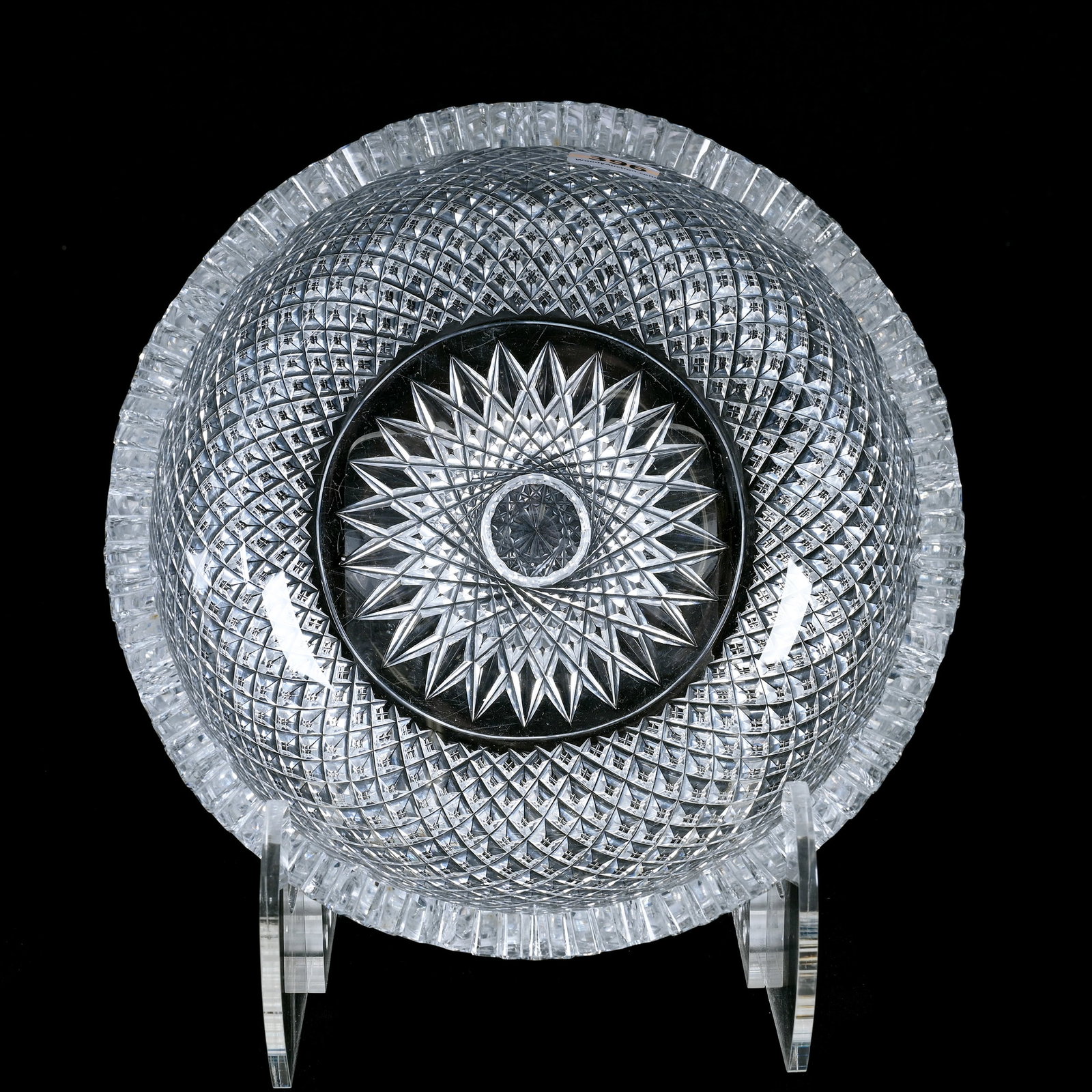 Bowl, ABCG, Crosscut Diamond & Fan Pattern, Hobstar Center: Bowl, American Brilliant Cut Glass, Crosscut Diamond and Fan Pattern, Hobstar Center, 3.5" x 8", Interior Rim Tooth Chip, Collection Of David Fuchshuber, Texas.