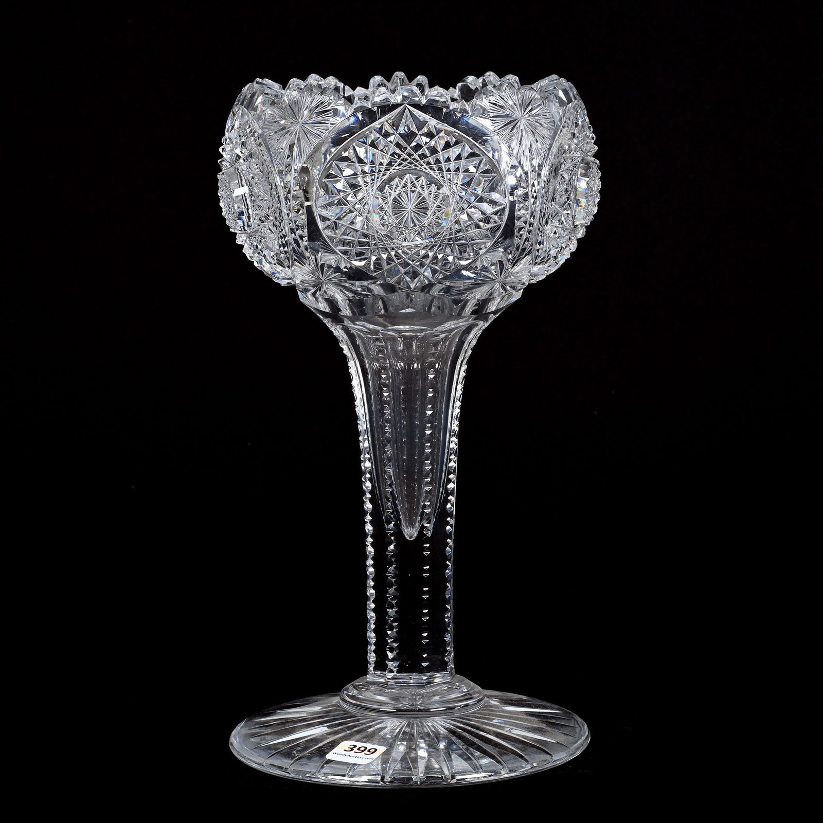 Vase, ABCG, Hobstar Vesicas With Star Highlights, Heavy Notched Stem: Vase, American Brilliant Cut Glass, Hobstar Vesicas With Star Highlights, Heavy Notched Stem, 11.5" x 6.5", Large Ray Cut Foot, Collection Of David Fuchshuber, Texas.