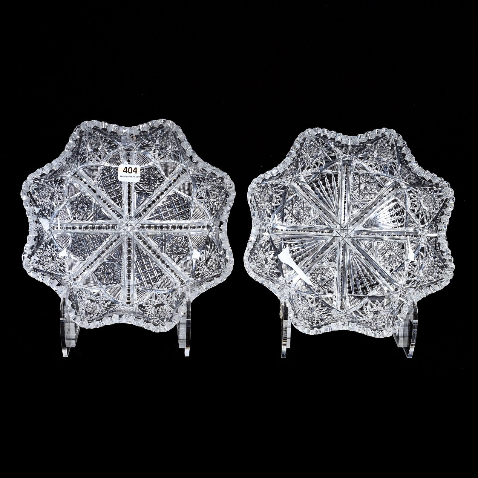 (2) Bowls, Blown Mold, ABCG, Estelle Pattern By Pairpoint: (2) Bowls, Blown Mold, American Brilliant Cut Glass, Estelle Pattern By Pairpoint, 2.25" x 8.75" approximately, One Bowl With Serious Tooth Chip, Collection Of David Fuchshuber, Texas.