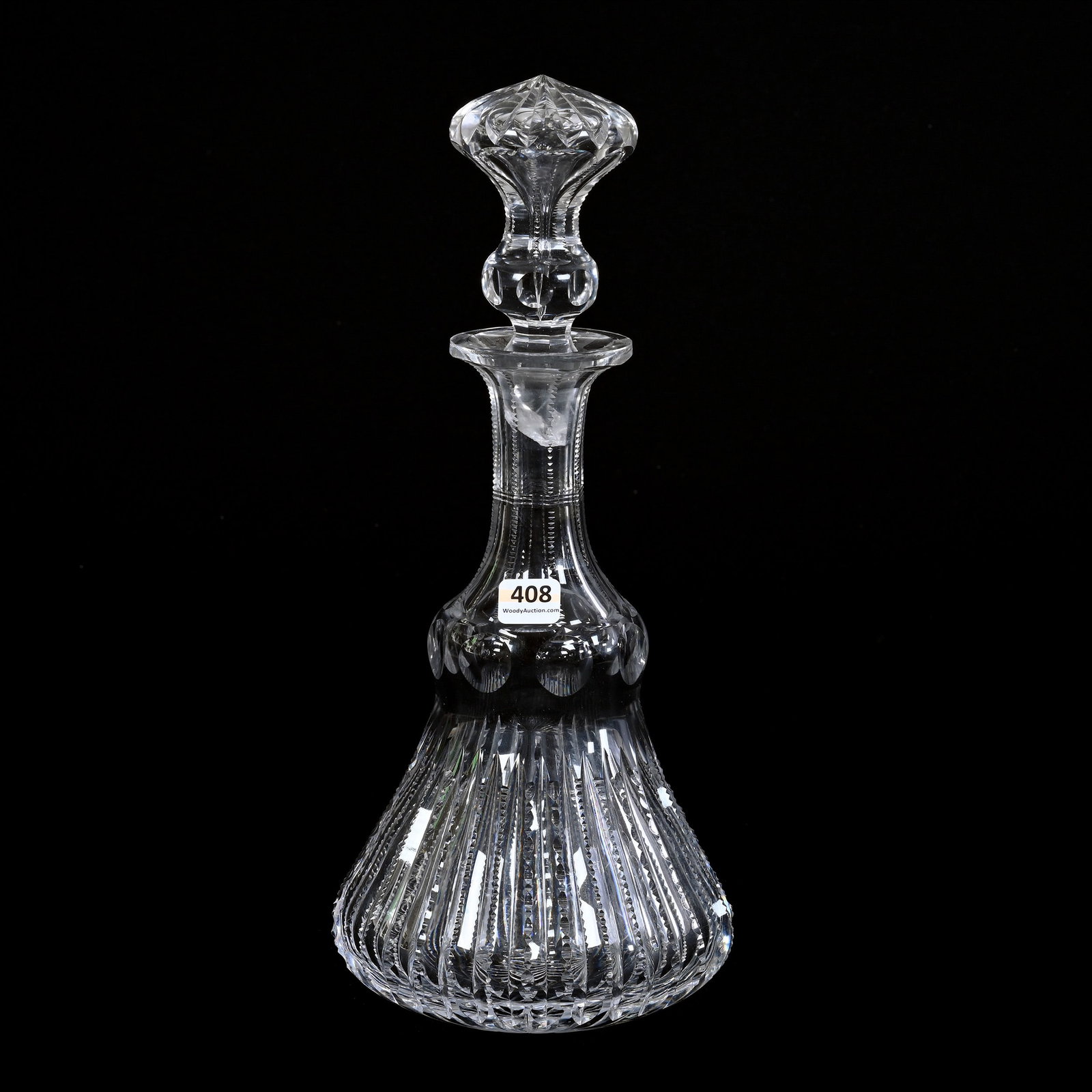 Decanter, ABCG, Prism And Bullseye Motif, Ray Cut Base: Decanter, American Brilliant Cut Glass, Prism And Bullseye Motif, Ray Cut Base, 13.5" x 6", Large Chip On Stopper Plug, Collection Of David Fuchshuber, Texas.