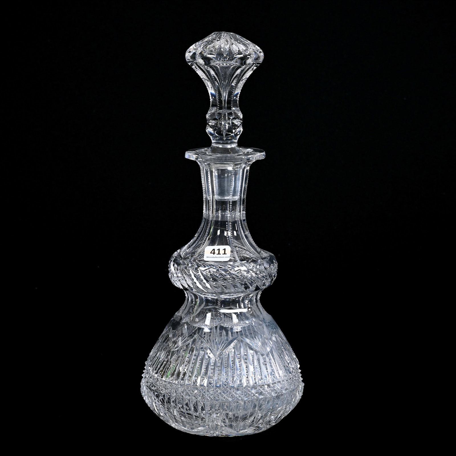 Decanter, ABCG, Prism And Fan Motif With Slanted Miter Highlights: Decanter, American Brilliant Cut Glass, Prism And Fan Motif With Slanted Miter Highlights, 13.5" x 5.75", Hobstar Base, Some Pattern Roughness, Collection Of David Fuchshuber, Texas.