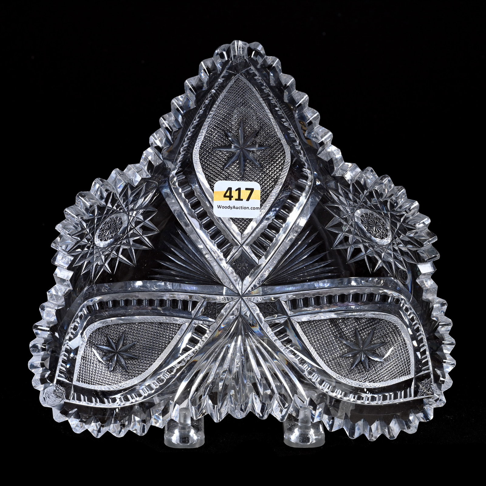 Triangular Tray, ABCG, Hobstar, Vesica, Strawberry Diamond, Star, Prism And Fan Motif: Triangular Tray, American Brilliant Cut Glass, Hobstar, Vesica, Strawberry Diamond, Star, Prism And Fan Motif, 8", One Tooth Polished, Collection Of David Fuchshuber, Texas.