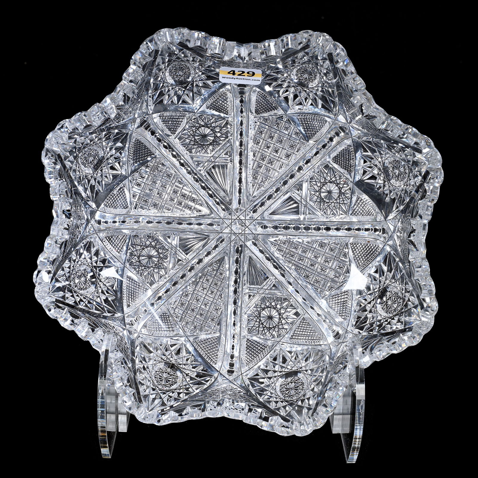 Bowl, Blown Mold, ABCG, Eight-Sided, Estelle Pattern By Pairpoint: Bowl, Blown Mold, American Brilliant Cut Glass, Eight-Sided, Estelle Pattern By Pairpoint, 2.25" x 8.75", Serious Tooth Chip, Collection Of David Fuchshuber, Texas.