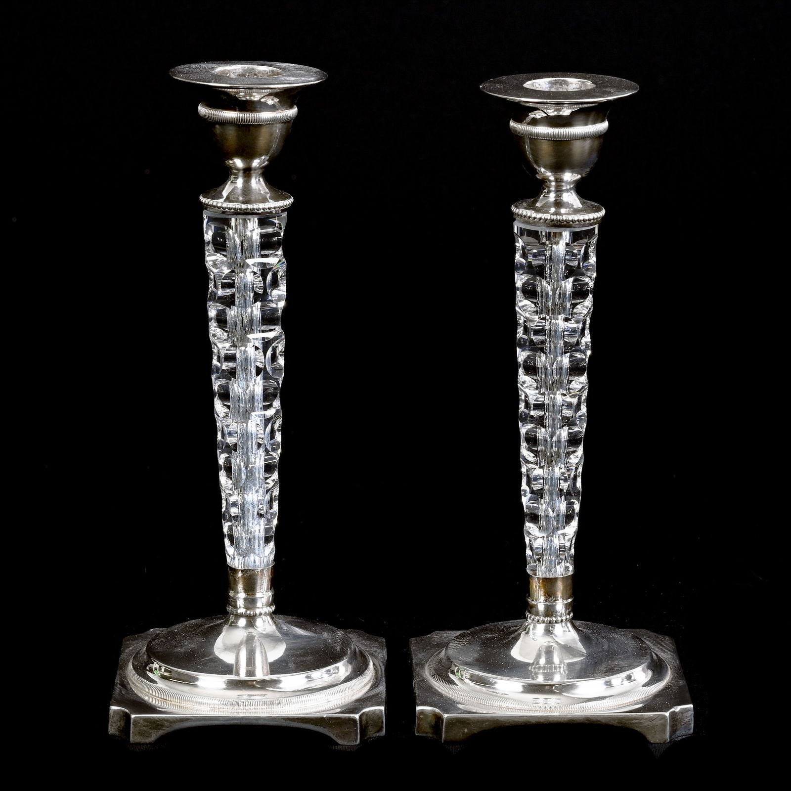 Pair Candlesticks, ABCG, Silverplate Top & Base, Base Marked Pairpoint #6137, Punty Cut Stem (1 of 3)