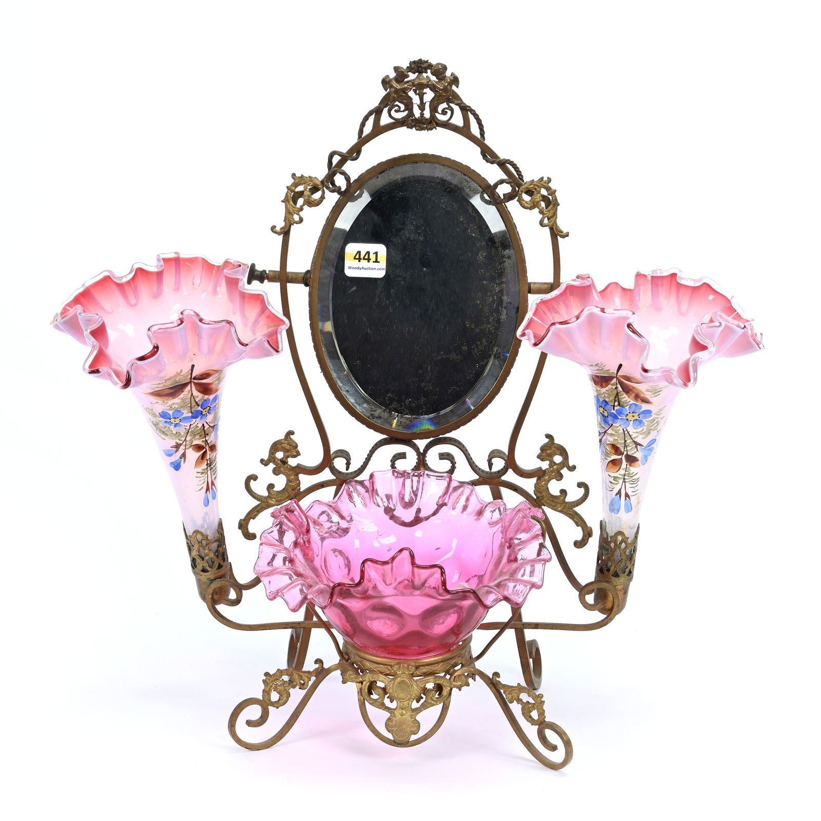 Vanity Epergne, Gilt Metal Frame With Beveled Mirror Holding Two Cranberry Opalescent Art Glass (1 of 2)