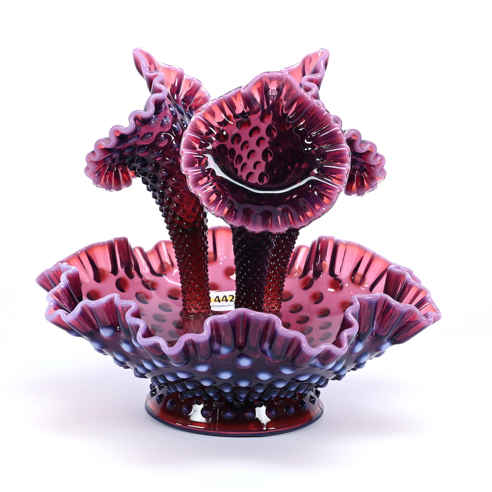 Epergne, Three Lily, Marked Fenton Plum Opalescent Hobnail (1 of 5)