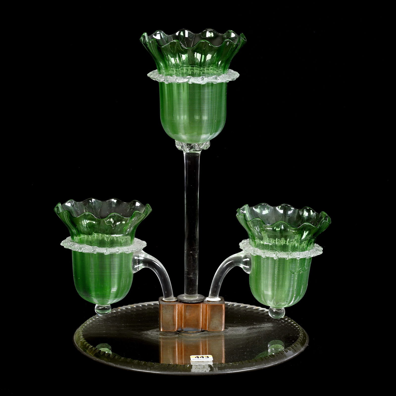 Epergne, Three Lily, Green Ruffled Art Glass, Clear Applied Rigoree & Threaded Highlights (1 of 3)