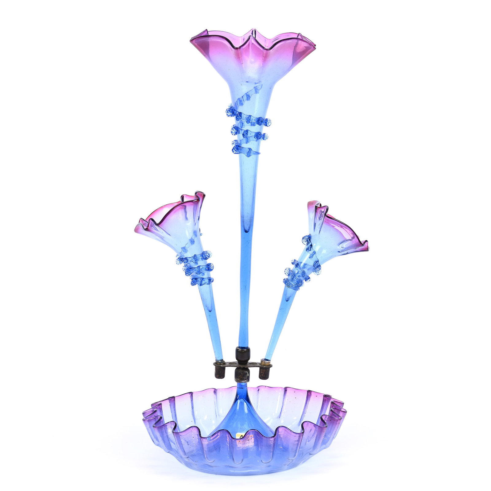 Epergne, Three Lily, Rare Cranberry Shading To Blue Art Glass, Sometimes Described As Bluerina: Epergne, Three Lily, Rare Cranberry Shading To Blue Art Glass, Sometimes Described As Bluerina, 20.5" x 10", Applied Blue Rigoree, Bowl Has Outside Rim Chip On Ruffle, Collection Of The Late Bunny Kop