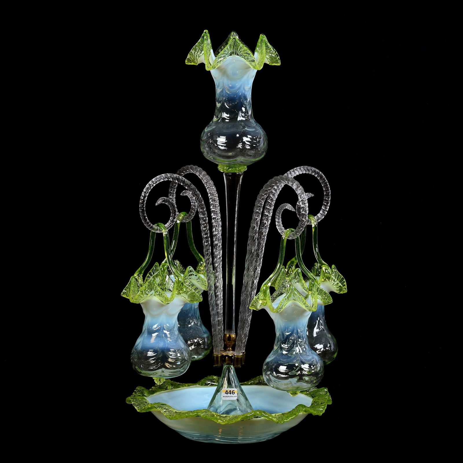 Epergne, Vaseline Opalescent, Single Lily & Four Baskets Hanging From Canes (1 of 7)